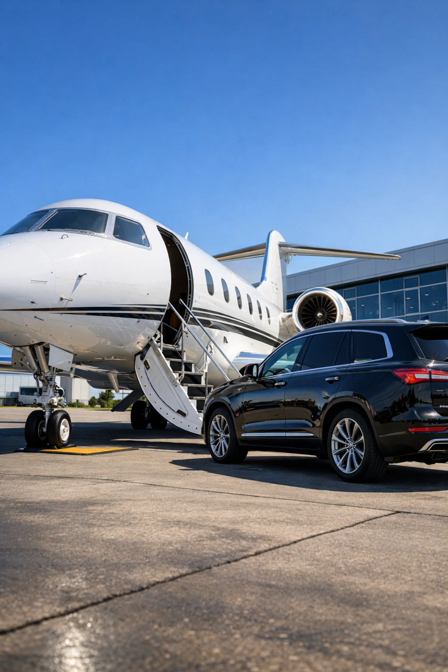 Private jet and luxury SUV on tarmac for seamless executive Super Bowl arrival logistics.