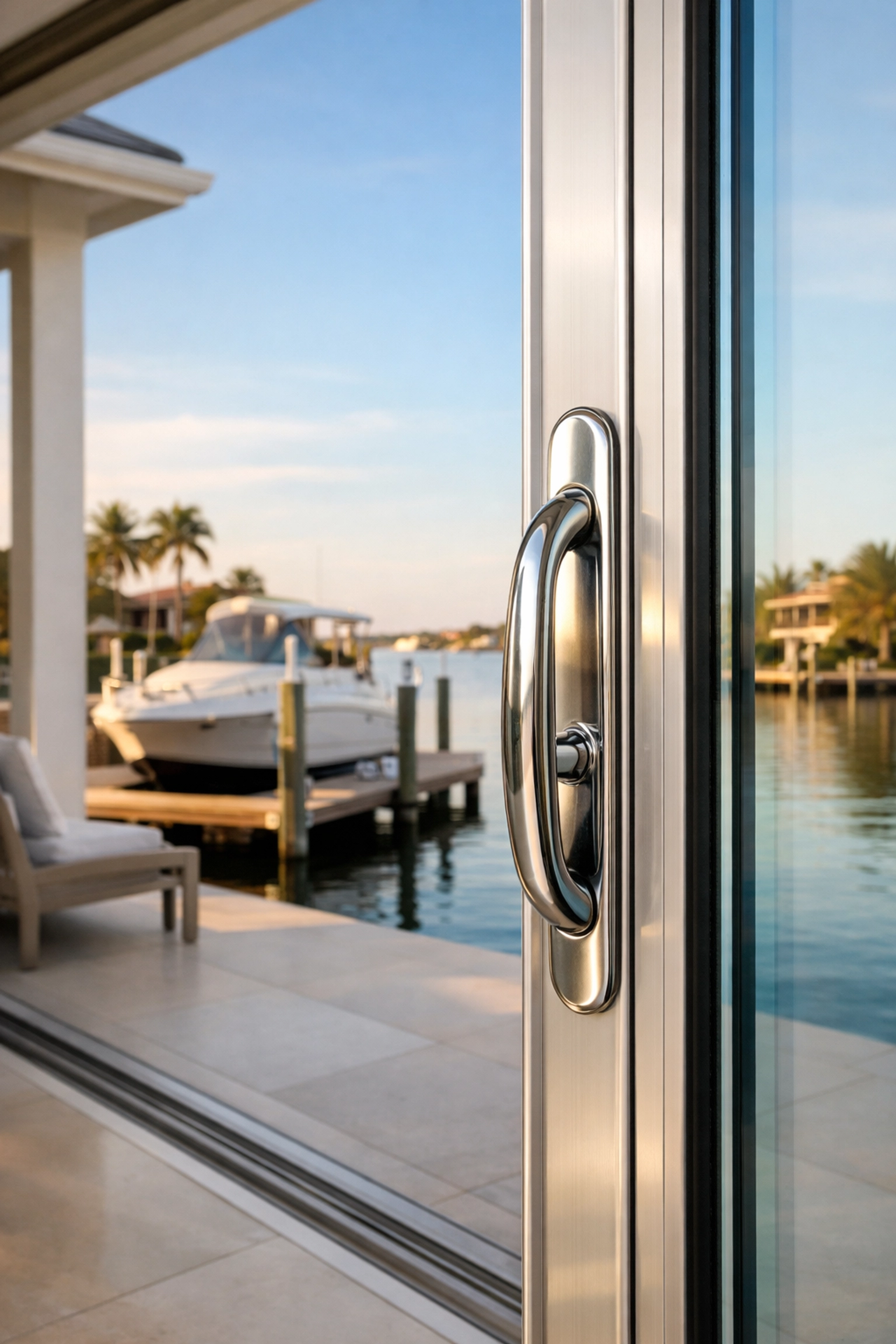 Durable, corrosion-resistant sliding glass door overlooking a Port Charlotte canal and boat dock.