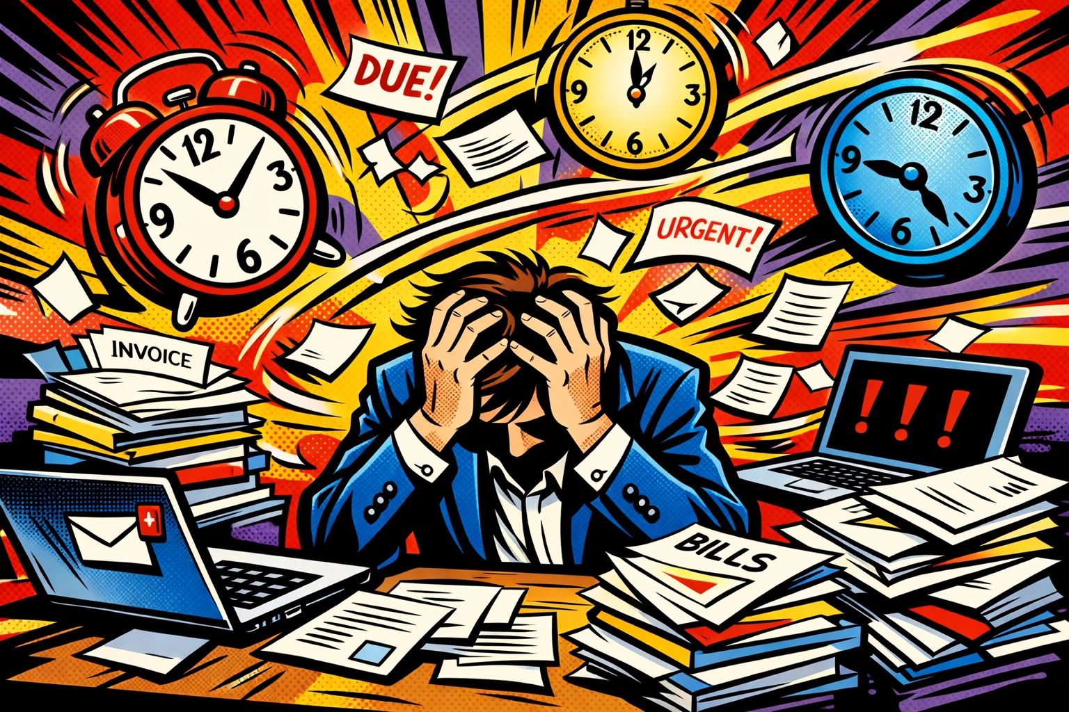 Overwhelmed small business owner surrounded by clocks, paperwork, and admin tasks