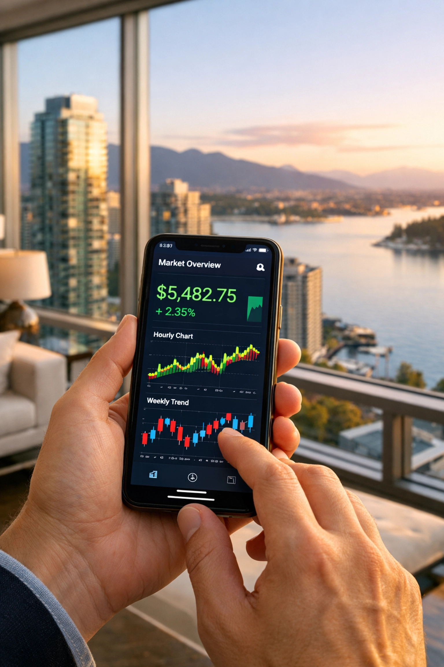 Smartphone showing dynamic pricing data in a luxury Vancouver penthouse overlooking the city.