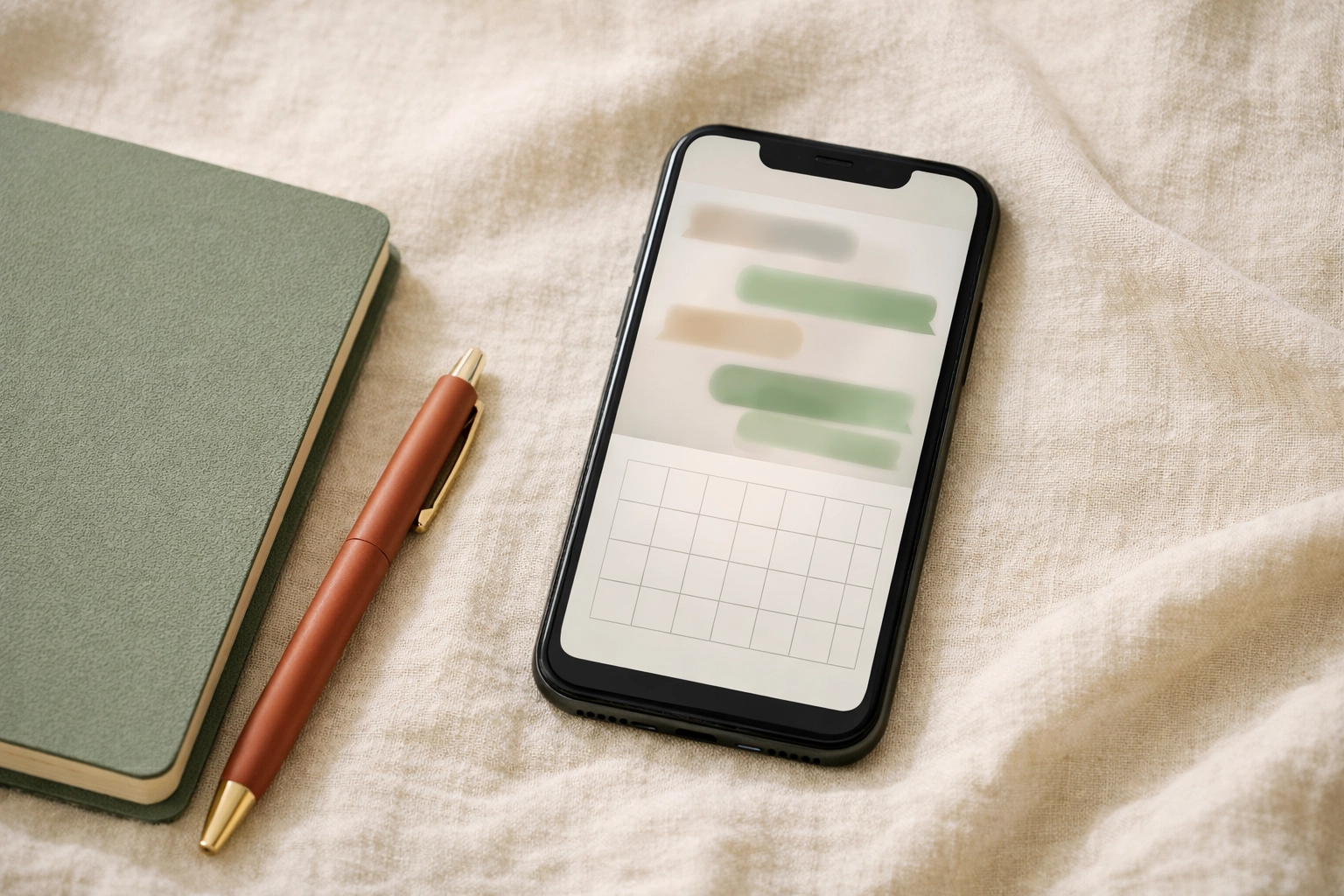 Unbranded smartphone on linen surface with an abstract message thread and blank calendar beside a sage notebook and terracotta pen