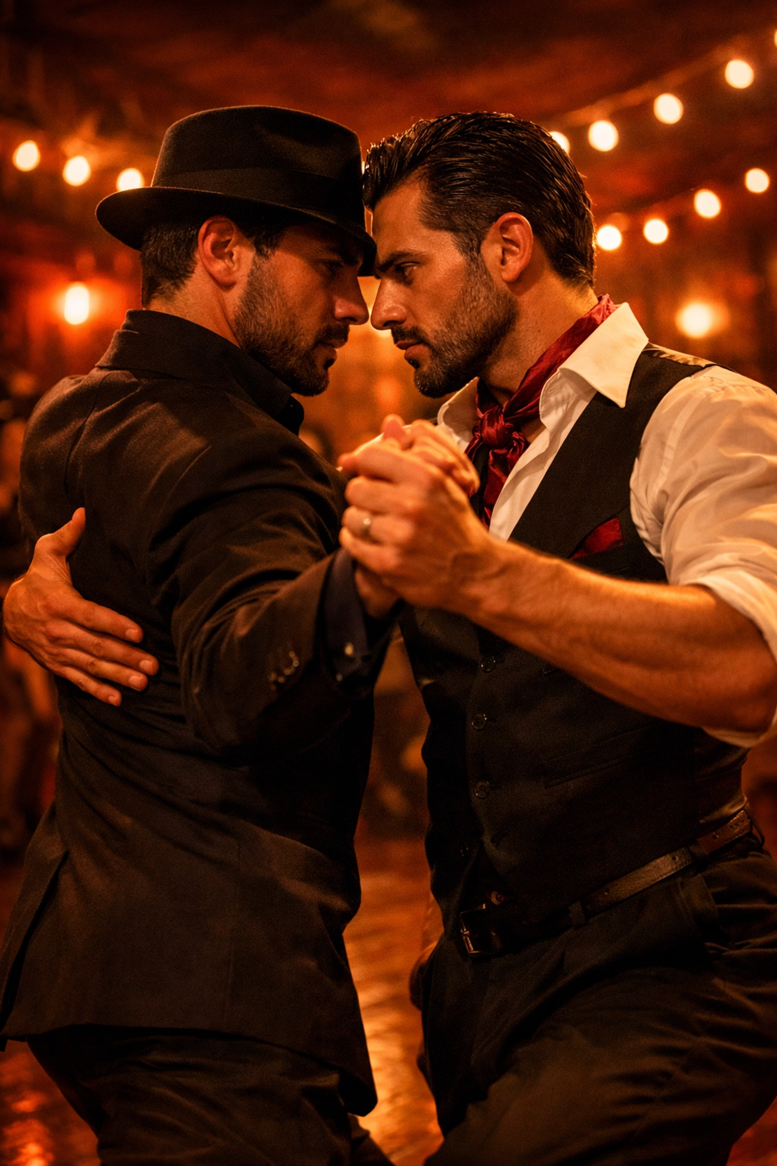 Two men dancing passionate Argentine tango in LGBTQ+ dance romance story
