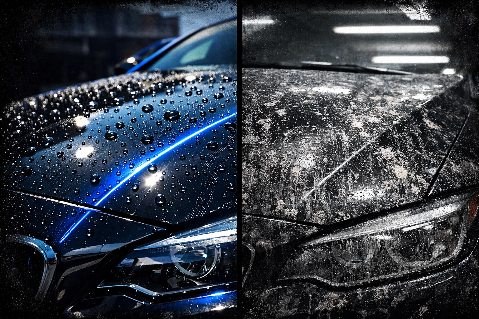 Car hood comparison showing protected paint with water beading versus road salt damage in Pittsburgh