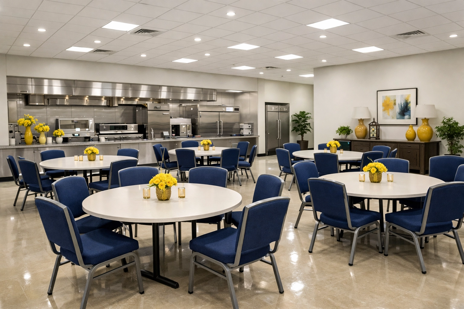 Professionally cleaned church fellowship hall and spotless stainless steel community kitchen.
