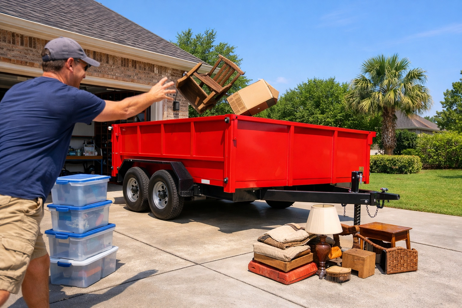 Homeowner using a driveway-friendly mobile dumpster trailer for a Houston garage cleanout and junk removal.