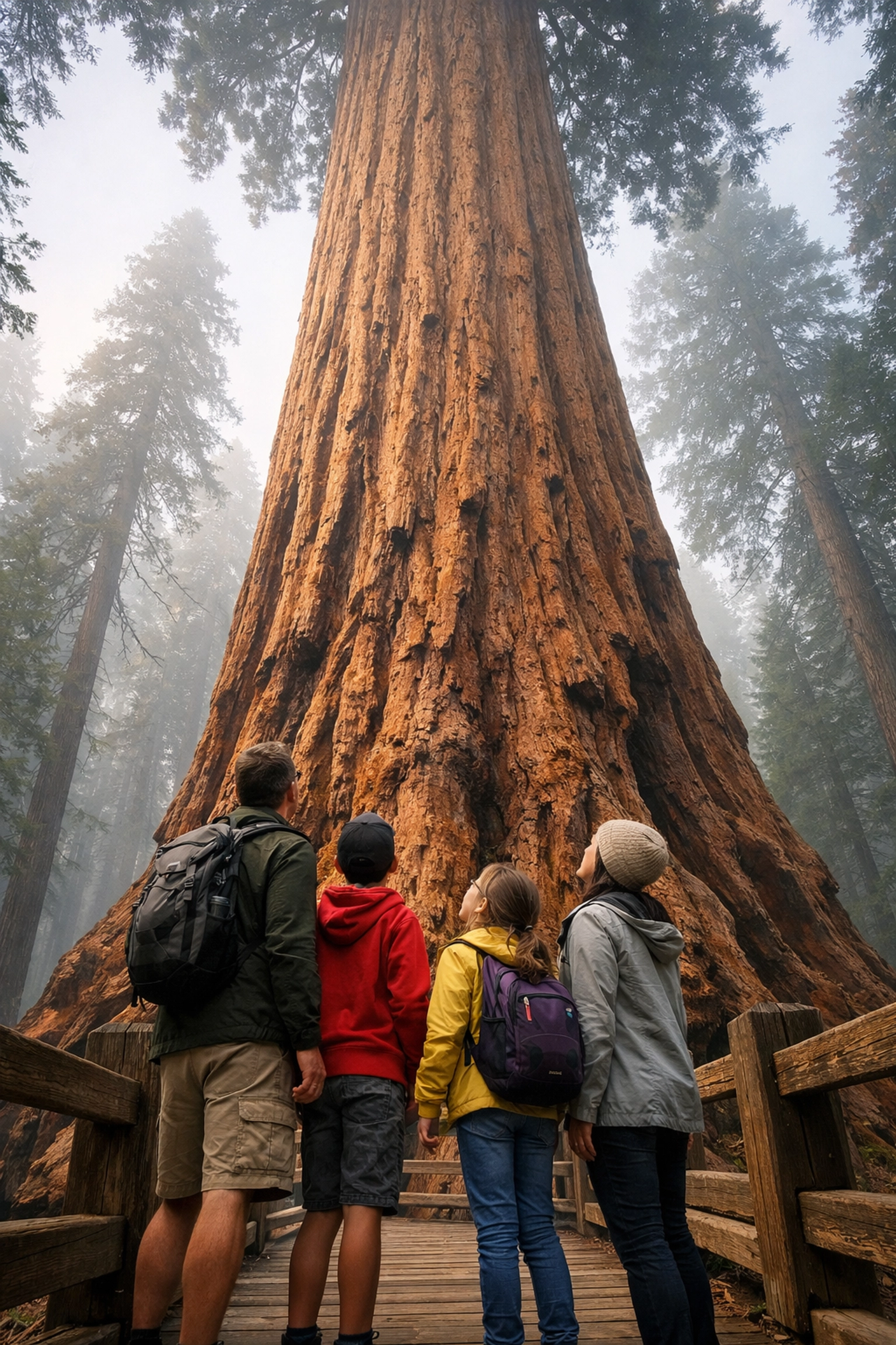 Struggling for Family Trip Ideas? 50+ Fun Activities Your Kids Will Actually Love 2 A family standing before a giant Sequoia tree in a National Park, a bucket-list family travel destination.
