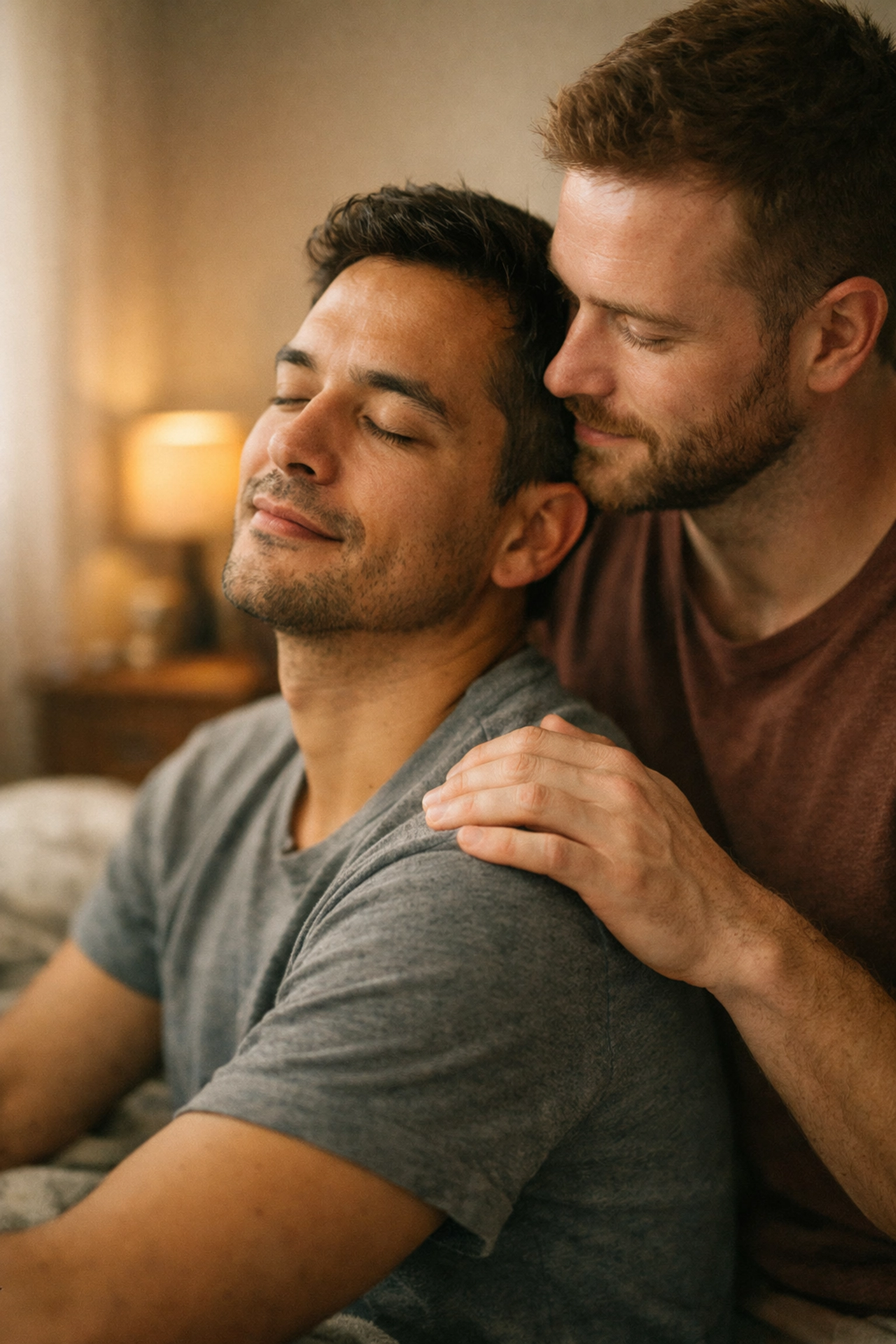 Gay couple demonstrating non-verbal communication through intimate touch and connection