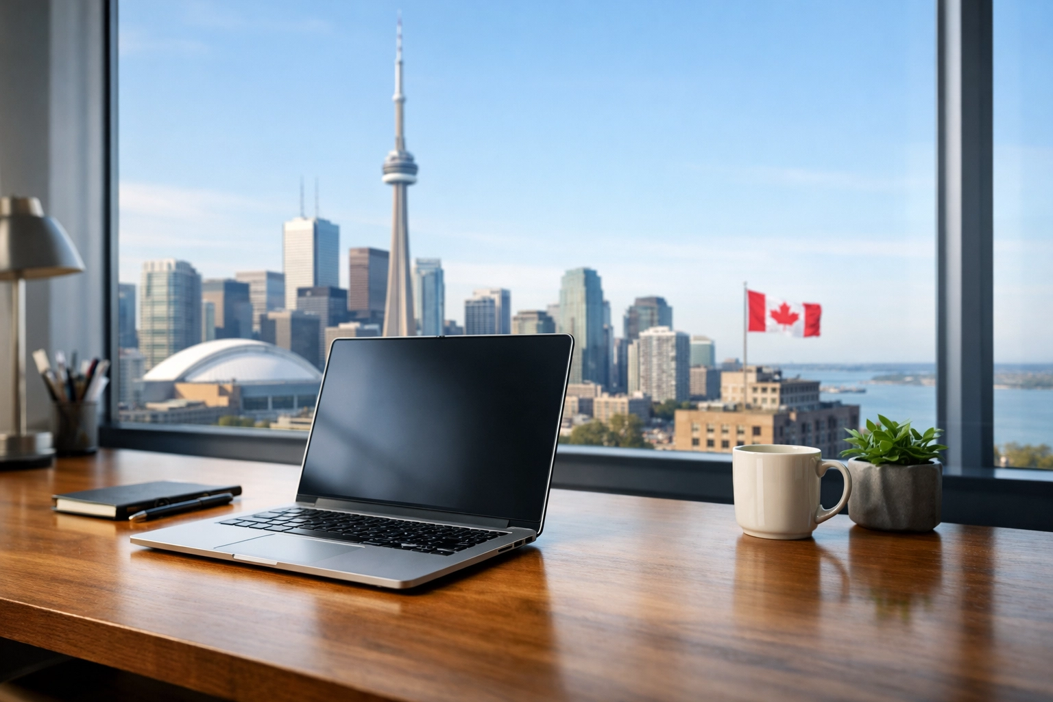 Modern office overlooking a Canadian city skyline representing secure local data residency for VoIP.