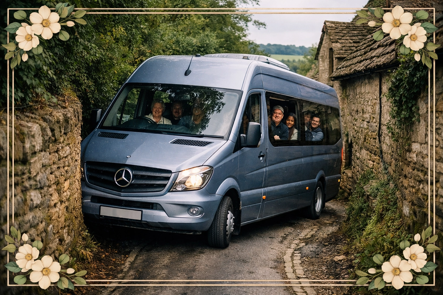 A small group tour minibus navigating the narrow, historic stone lanes of Lacock in the Cotswolds.