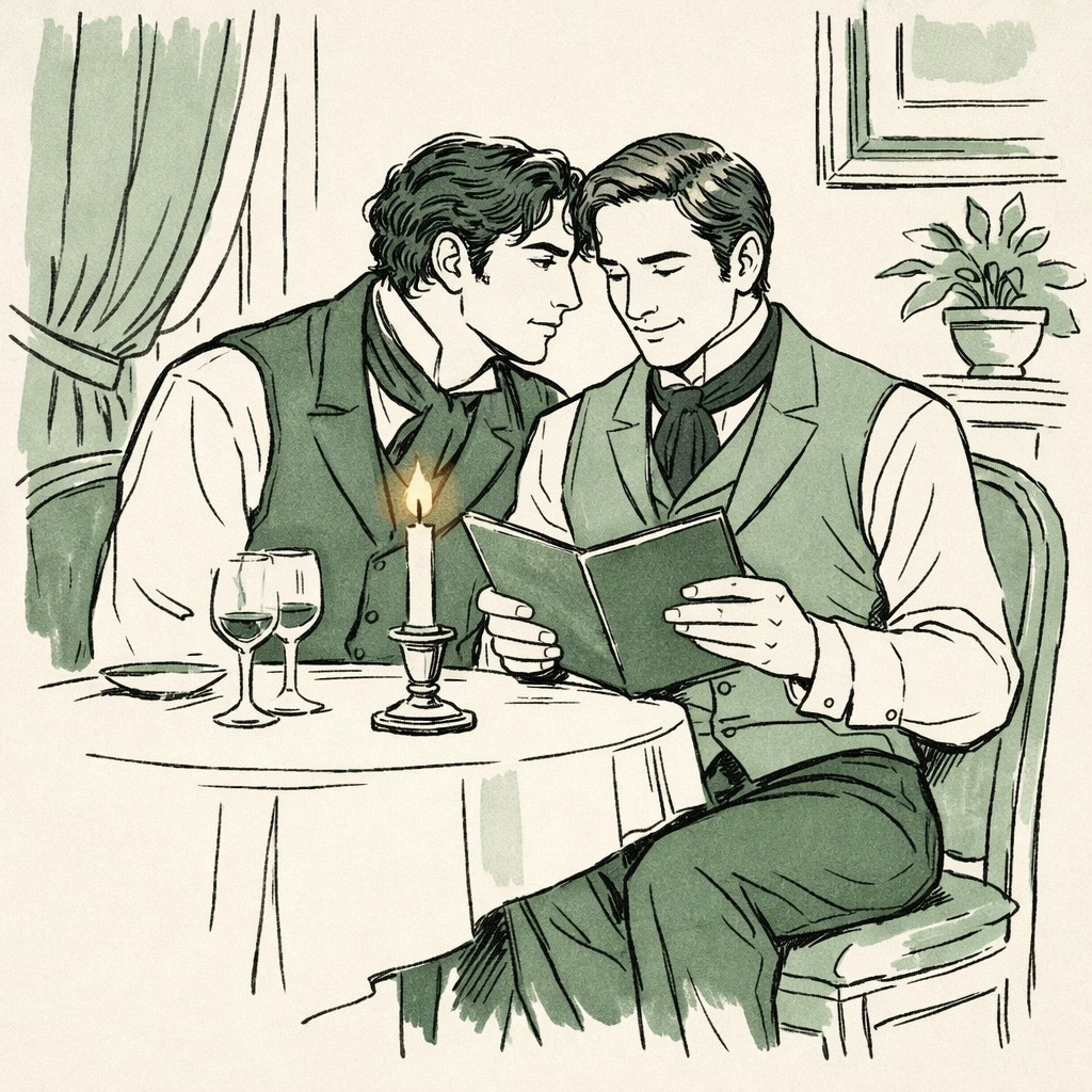Victorian gay historical romance scene of two men at a candlelit table in London's Soho district.
