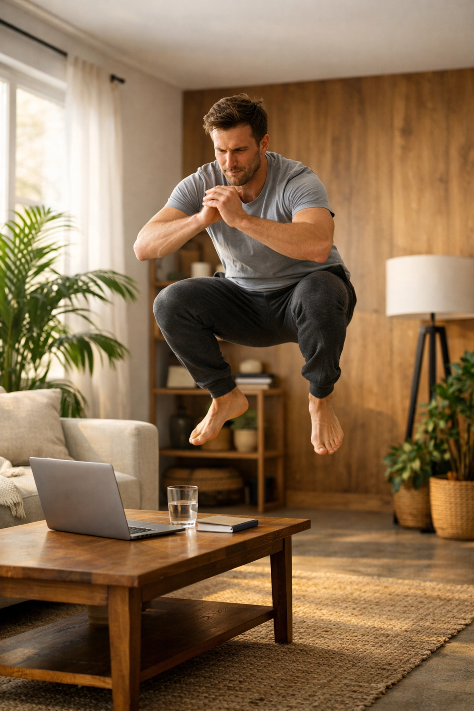 A man performing an explosive squat jump in his home office to stay active and healthy while working remotely.