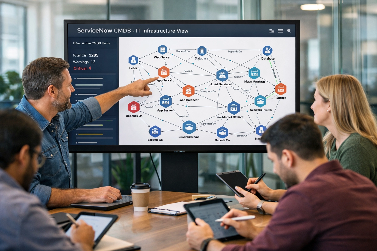 IT team reviewing ServiceNow CMDB topology during ITOM knowledge transfer session