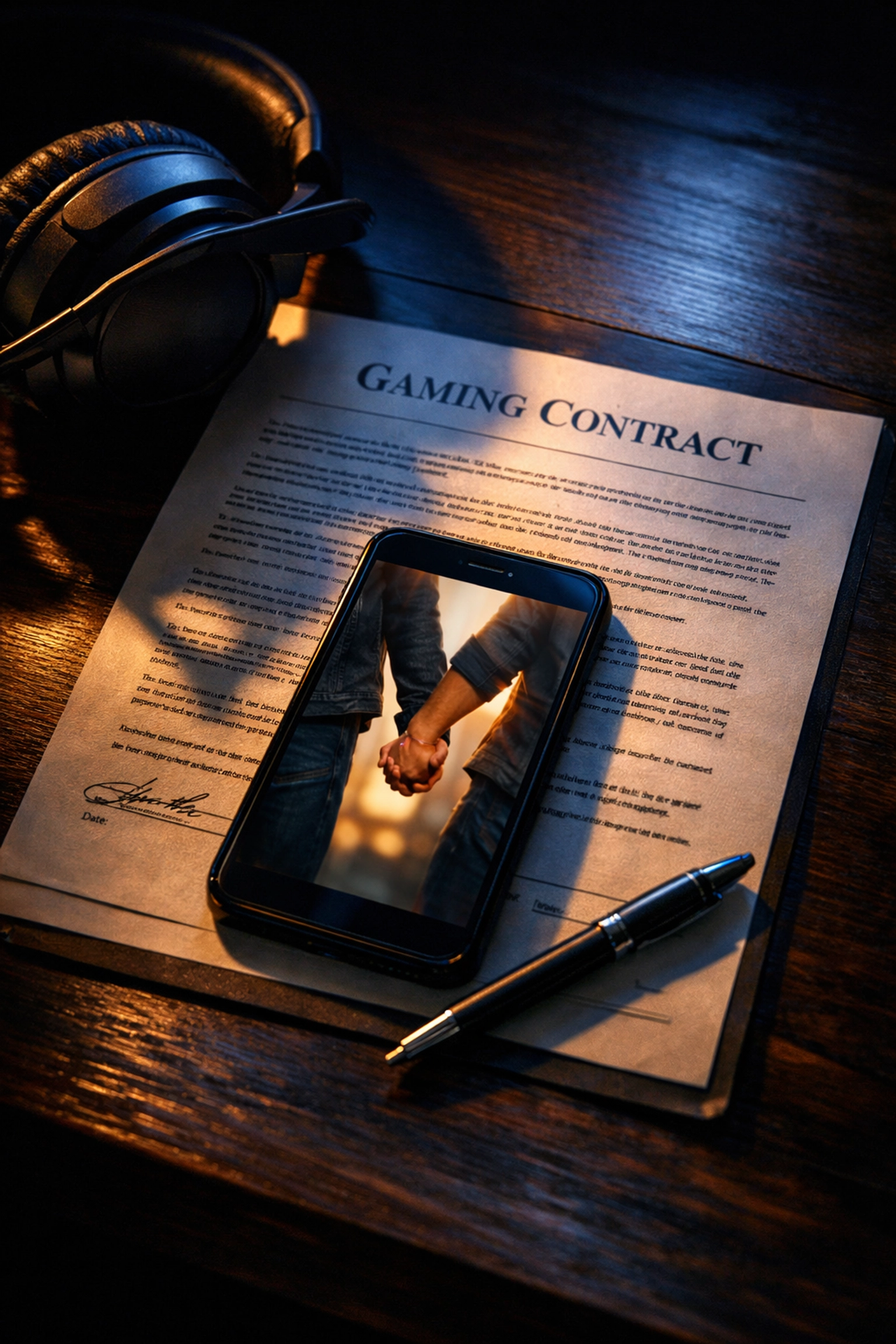 Esports contract on desk with phone showing gay couple holding hands