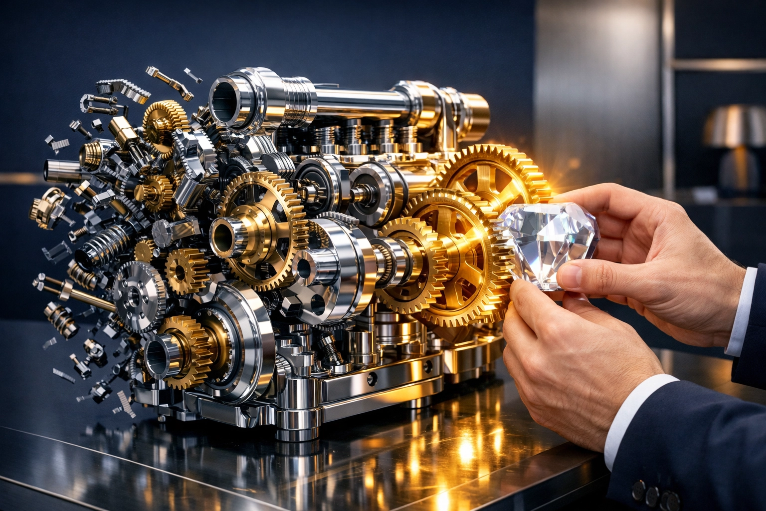 Hands adjusting complex gears to illustrate operational efficiency and scaling business systems.
