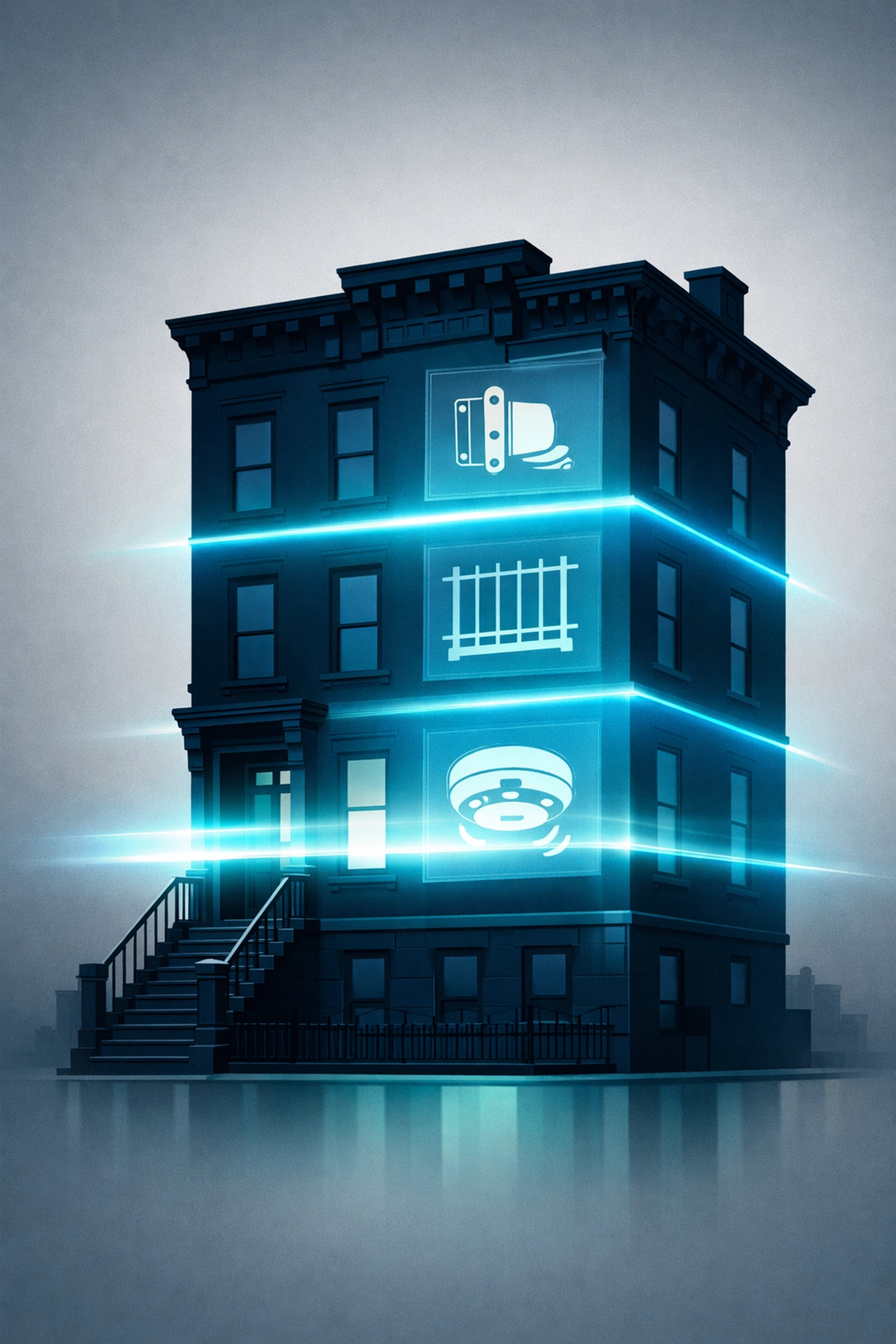 Brooklyn brownstone inspection graphic showing HPD safety icons for fire doors and lead paint compliance.