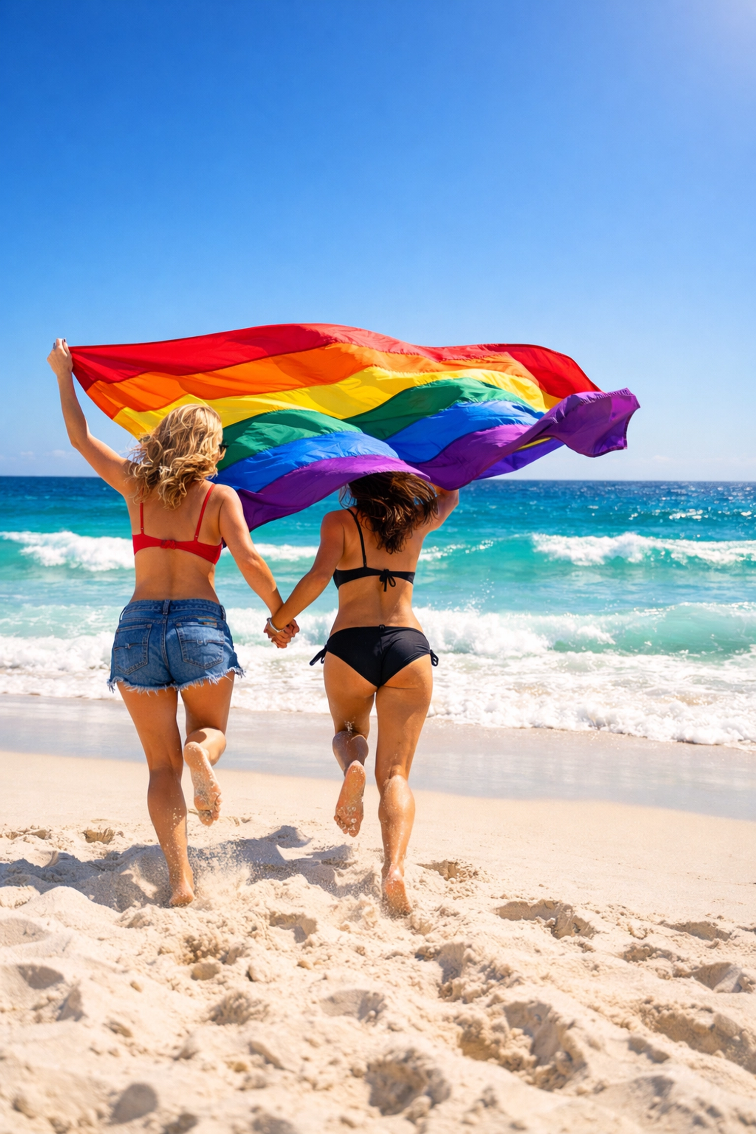 A lesbian couple running on a sunny Australian beach holding a large pride flag during Sydney Mardi Gras.