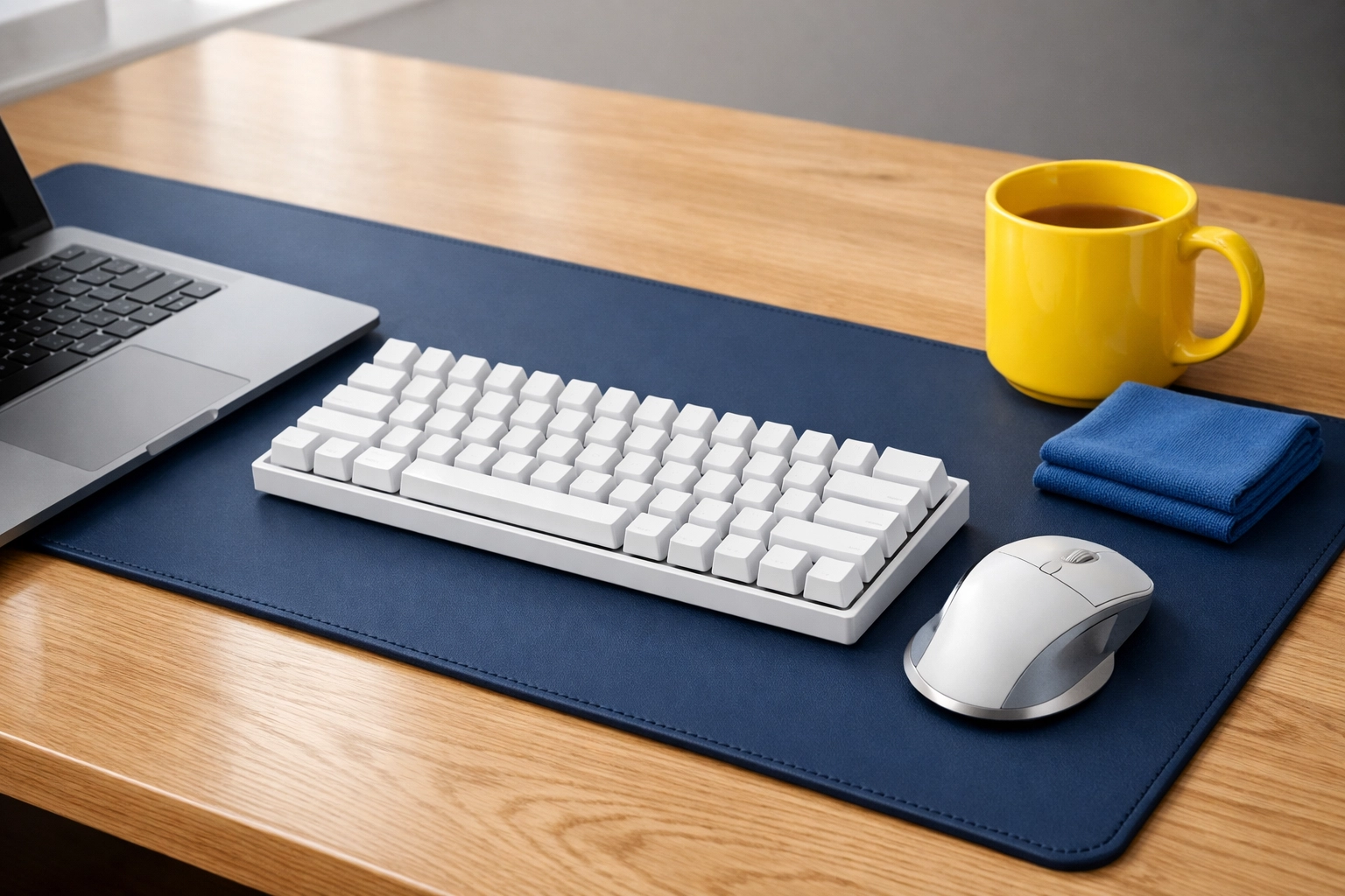 Clean minimalist home office desk with sanitized laptop and keyboard for better productivity.