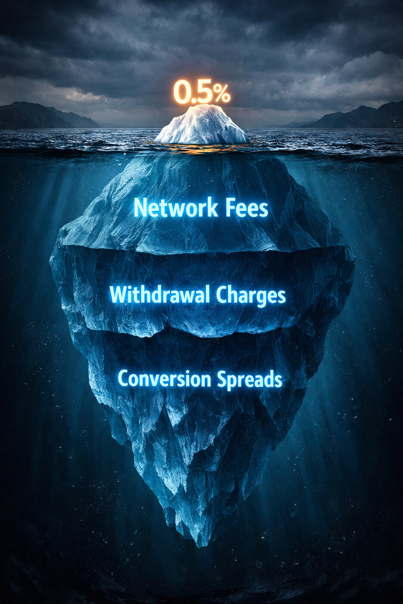 Iceberg showing hidden crypto payment fees below advertised rates from NOWPayments and CoinPayments