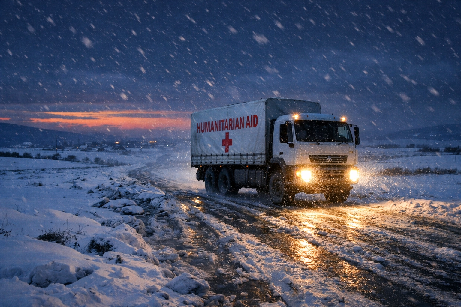 A humanitarian aid truck traveling through snow to provide relief during the Ukraine winter crisis.