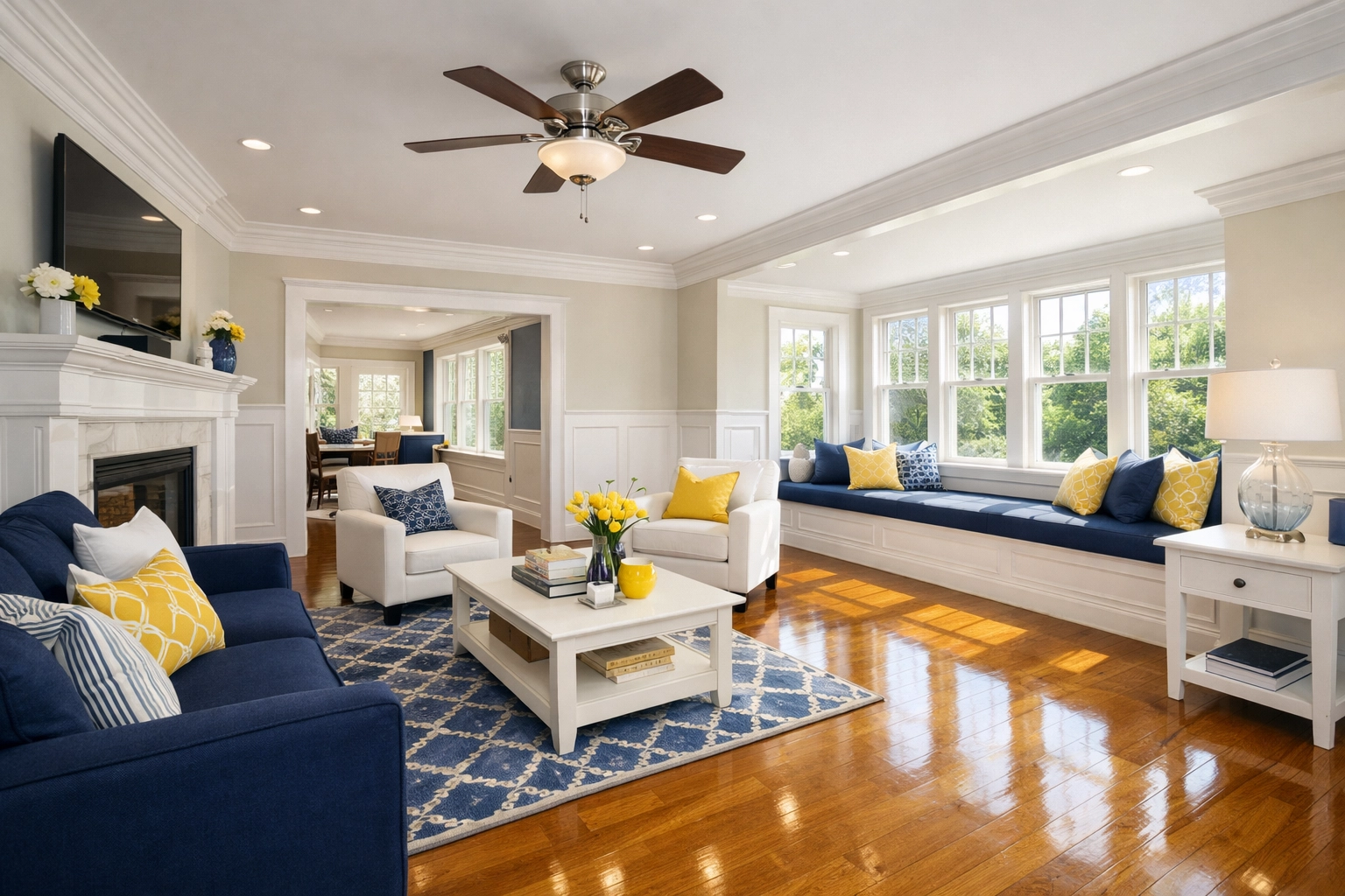 Bright Massachusetts living room featuring spotless hardwood floors and dust-free surfaces from deep cleaning services.