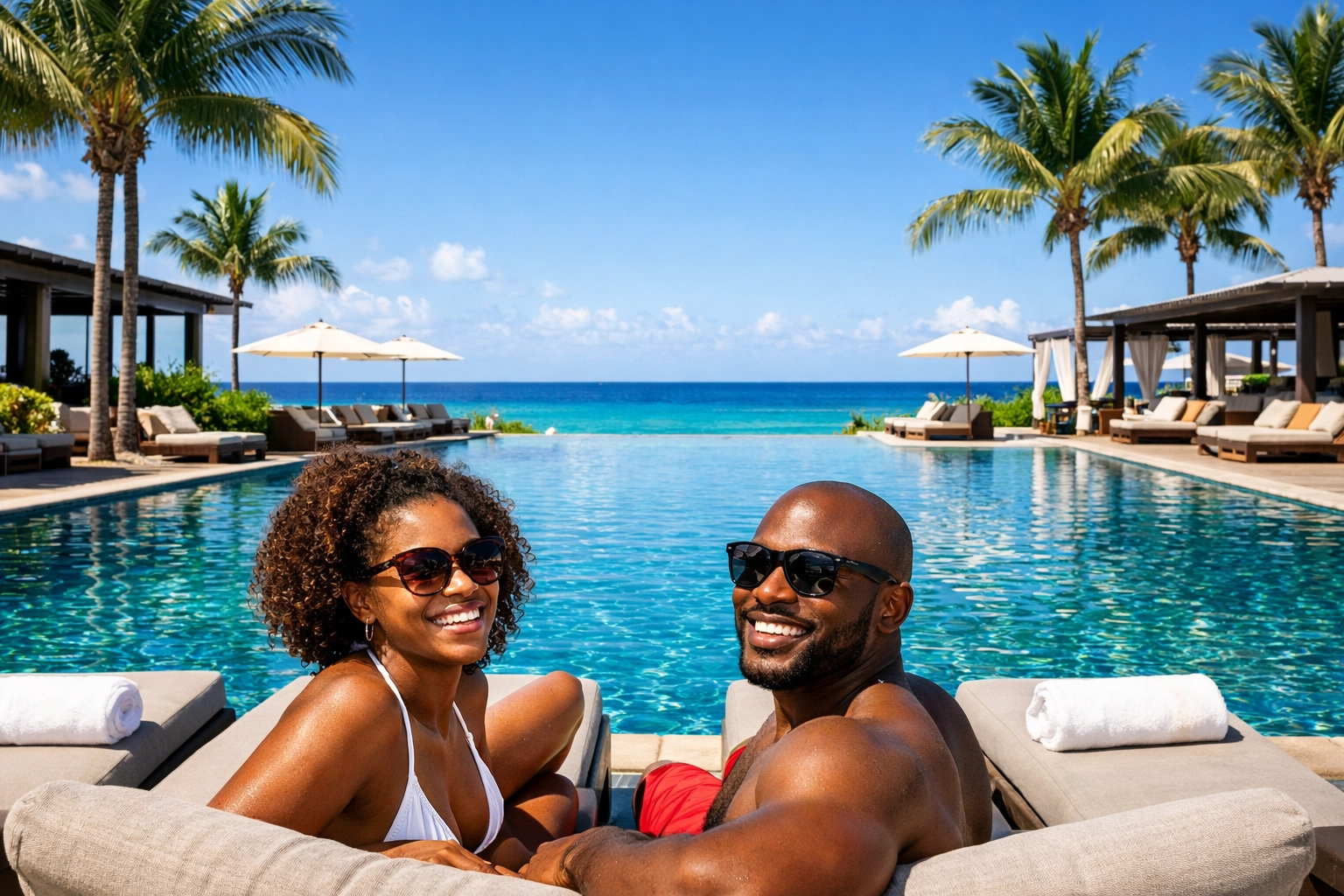 A couple relaxing poolside at a tropical resort booked through an Adults Only travel agent.