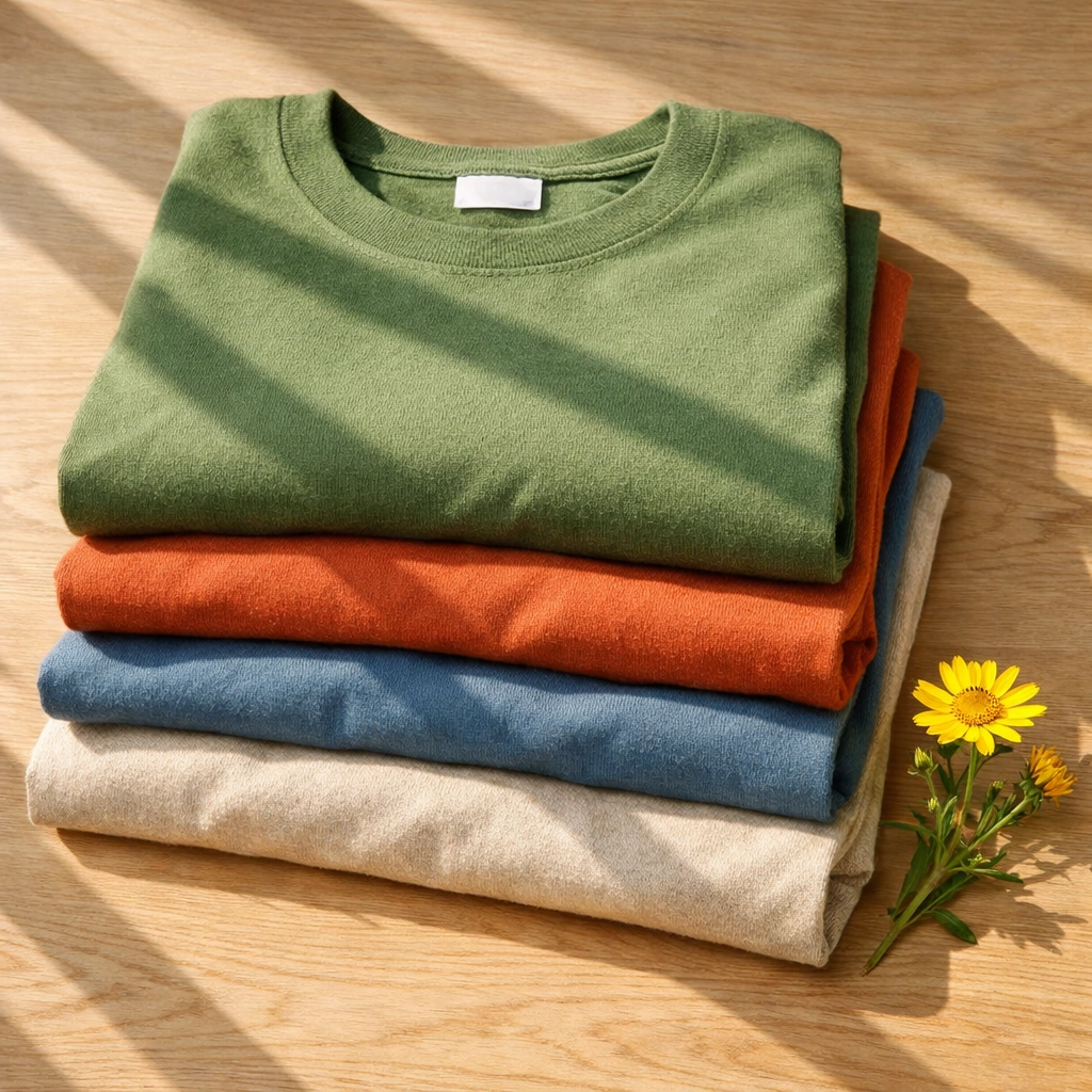 Heavyweight cotton summer camp t shirts in earth tones like moss green and terracotta.