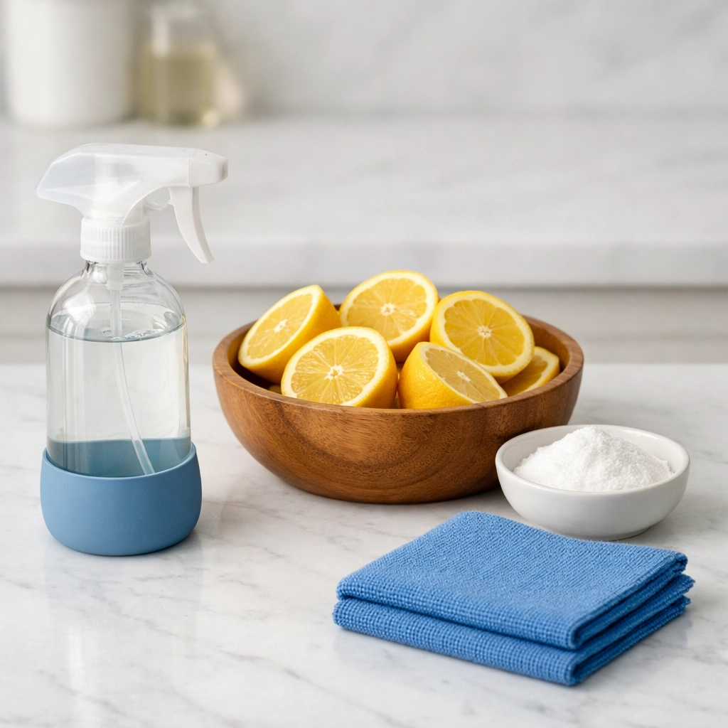 Natural eco-friendly cleaning ingredients like lemons and baking soda on a Harvard kitchen counter.