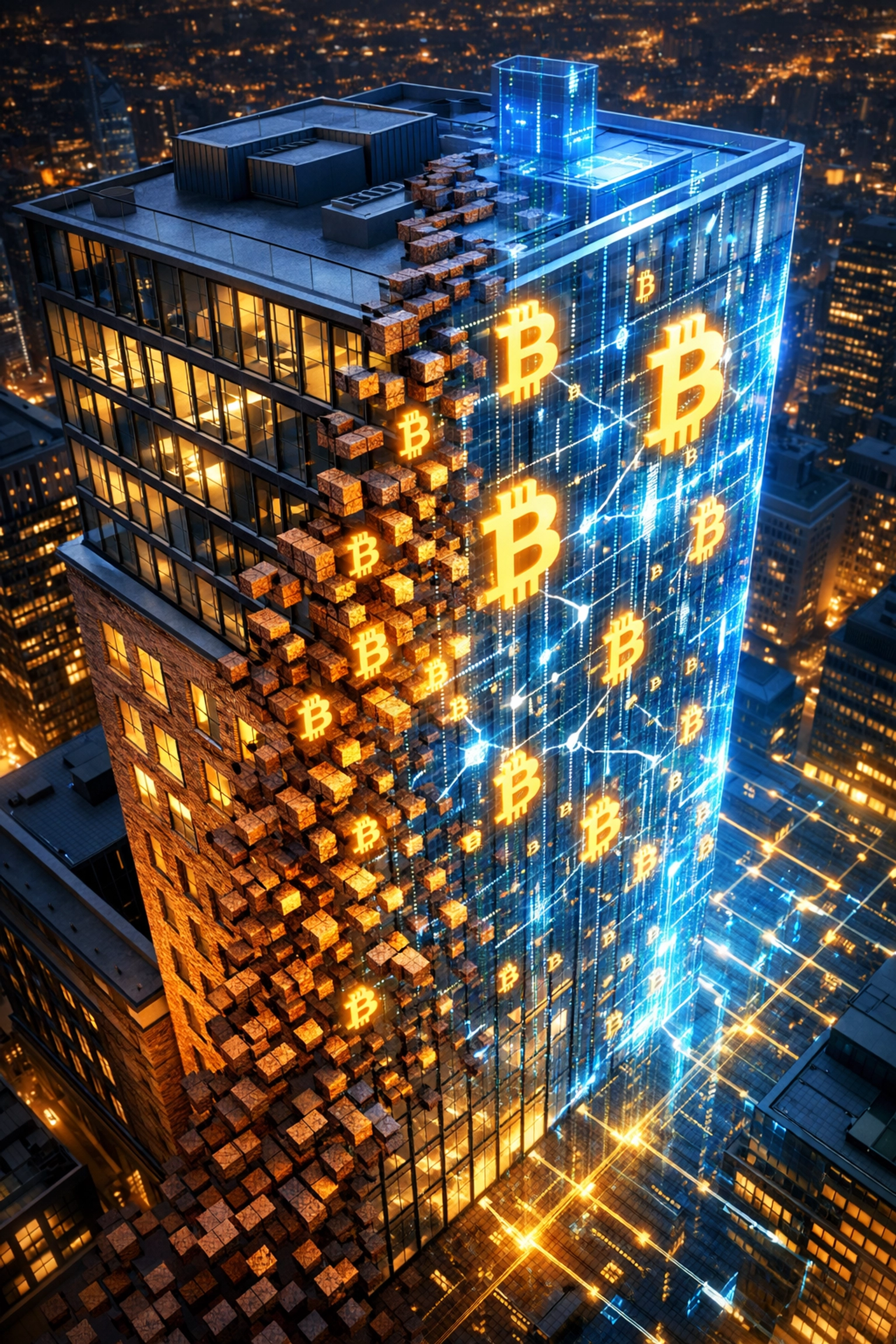 Real estate building transforming into Bitcoin symbols showing crypto and real estate integration