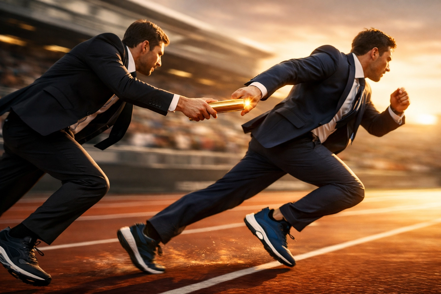Two businessmen passing a baton representing a smooth re-bridging loan transition.