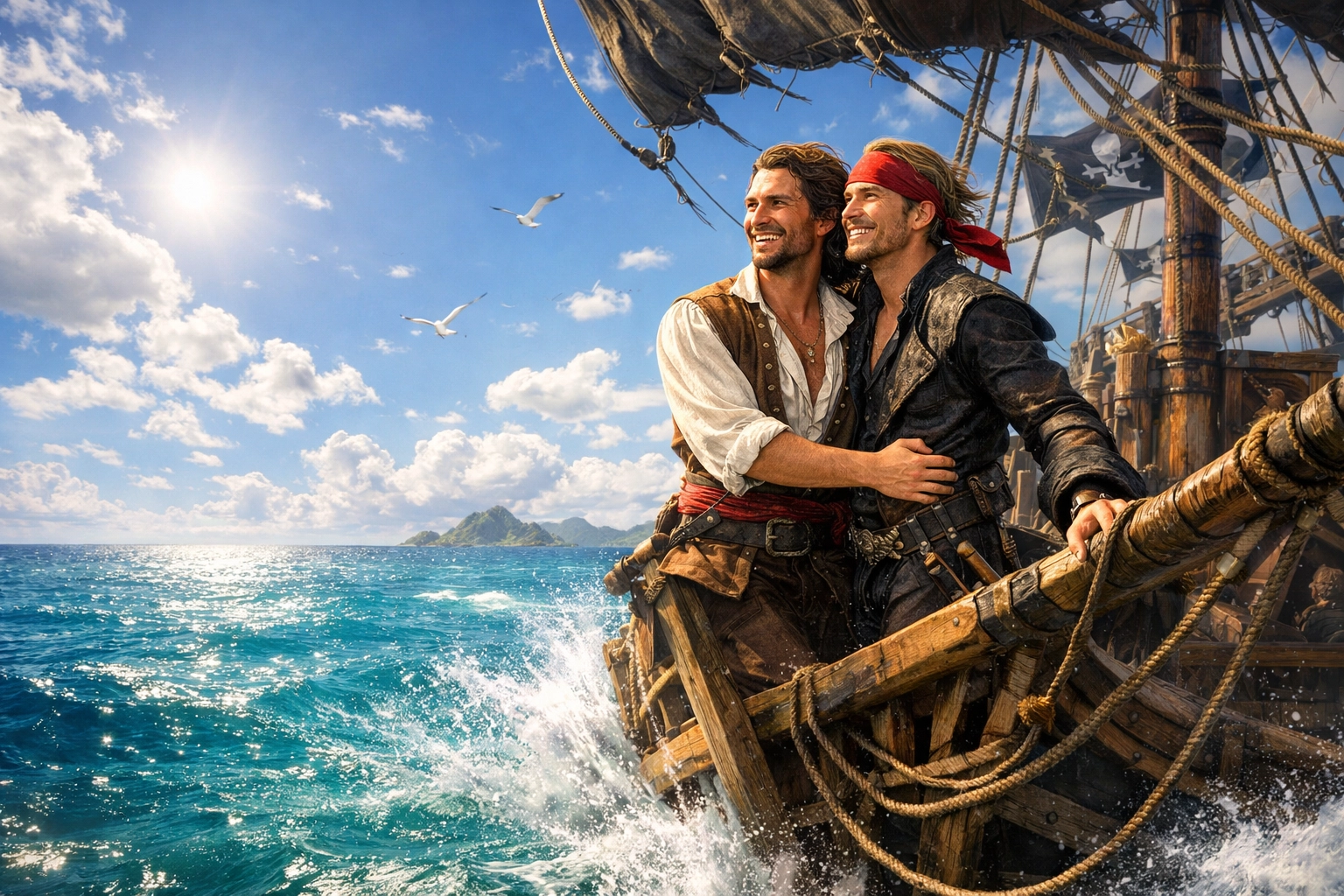Two male pirates embrace at the ship's bow, looking toward a future of freedom and gay love.