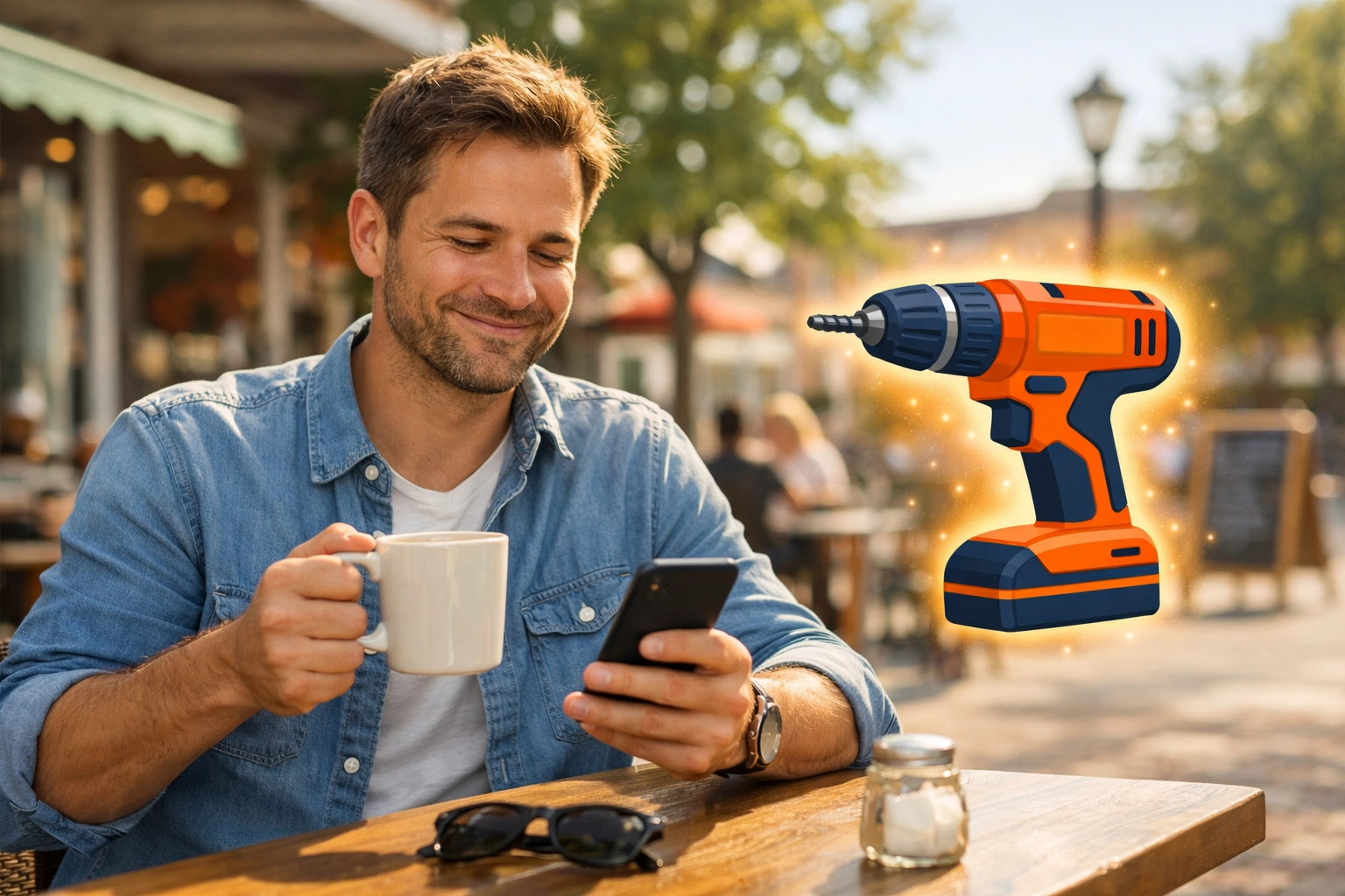 A man in Burlington earns passive income on his phone while enjoying coffee at a cafe.