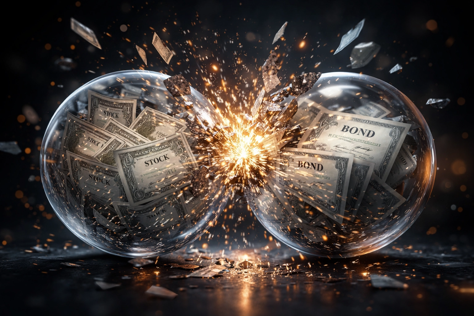 Shattering glass spheres representing stocks and bonds illustrate the failure of traditional diversification in portfolios.