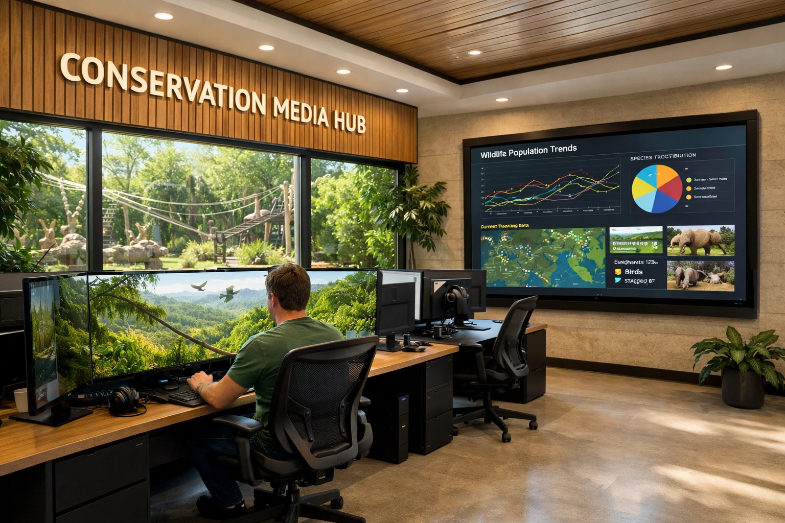 A visitor interacts with a wildlife simulation inside a professional zoo conservation media hub.
