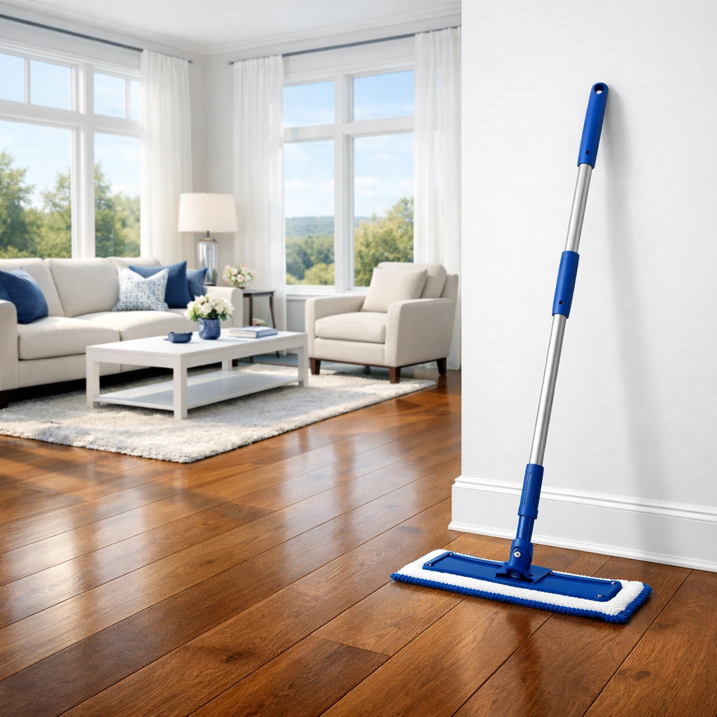 Sun-lit living room with pristine hardwood floors after a professional post-construction cleaning in Westborough.
