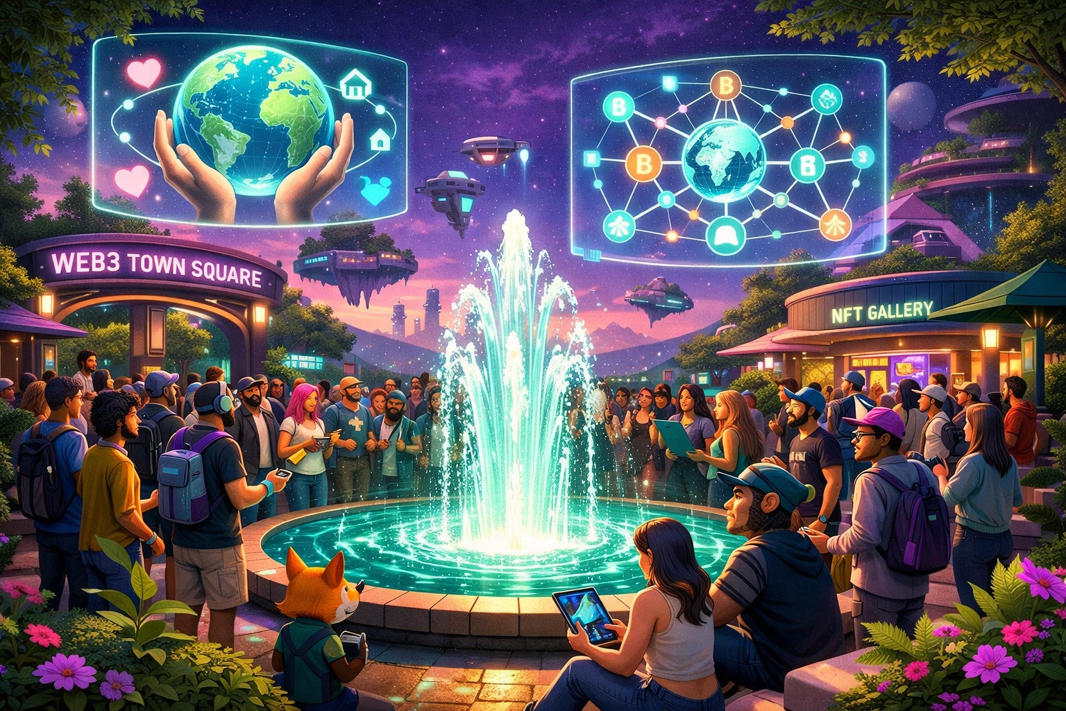 Community avatars in a lush Web3 town square, illustrating the collaborative and social impact of the Larecoin ecosystem.