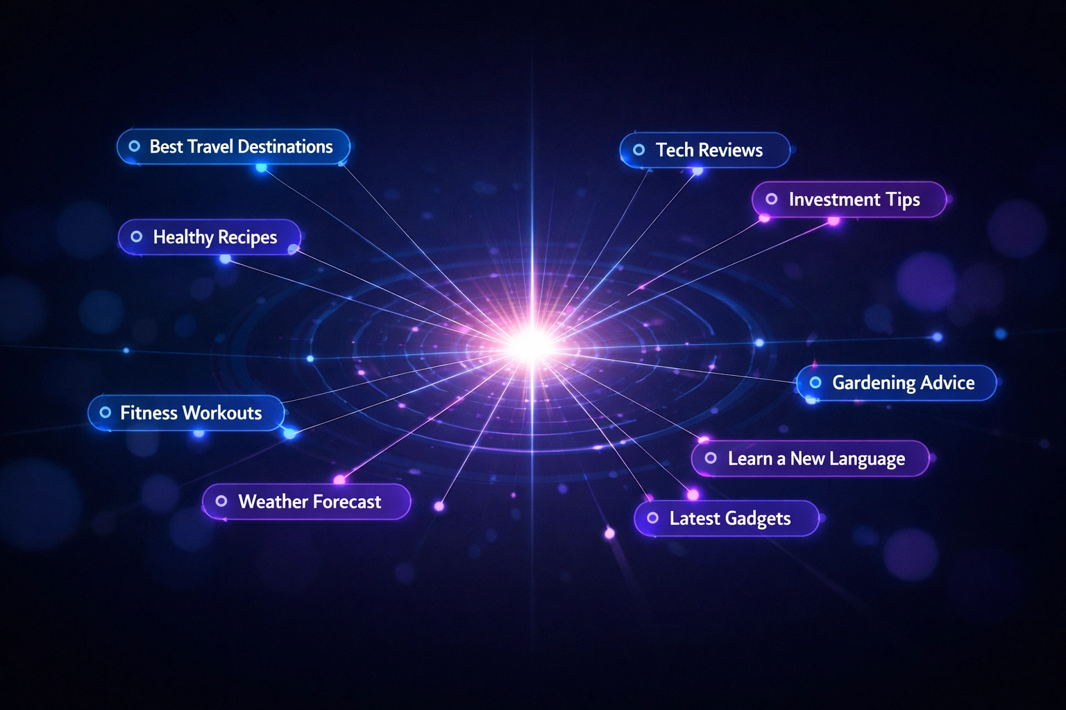 Neon network of data nodes representing AI keyword research for small business search intent.