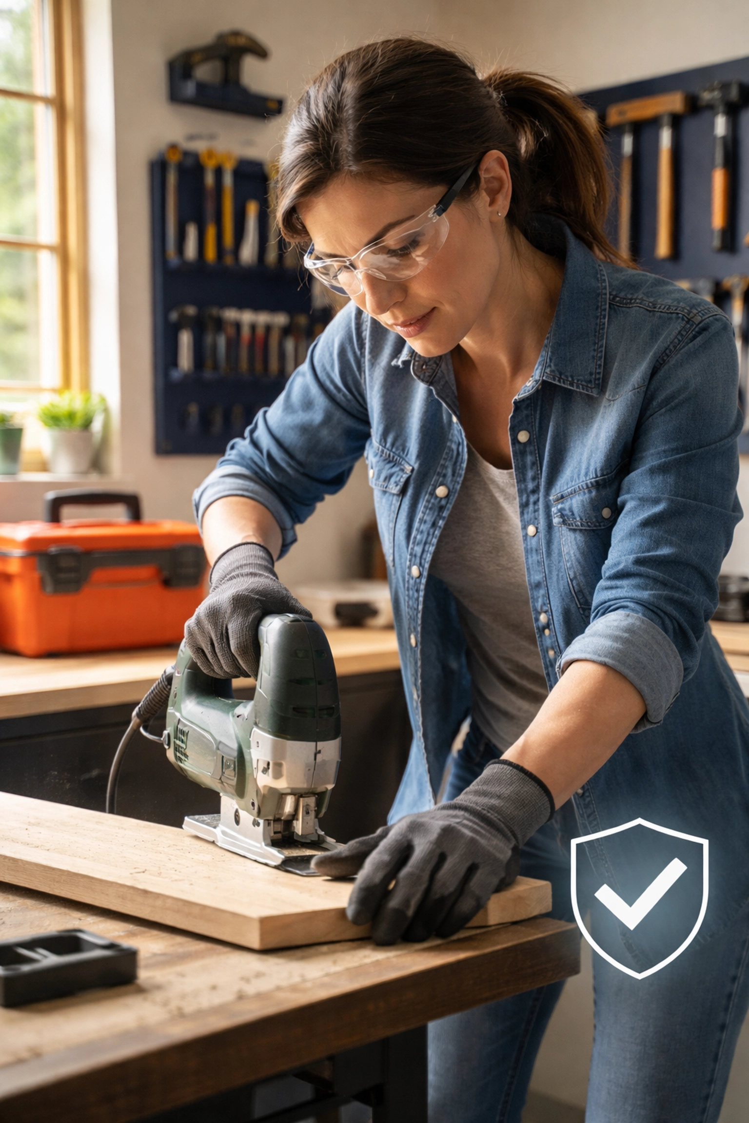 A person safely using a jigsaw in a clean, organized workshop, illustrating the benefits of renting the right tool for home projects.