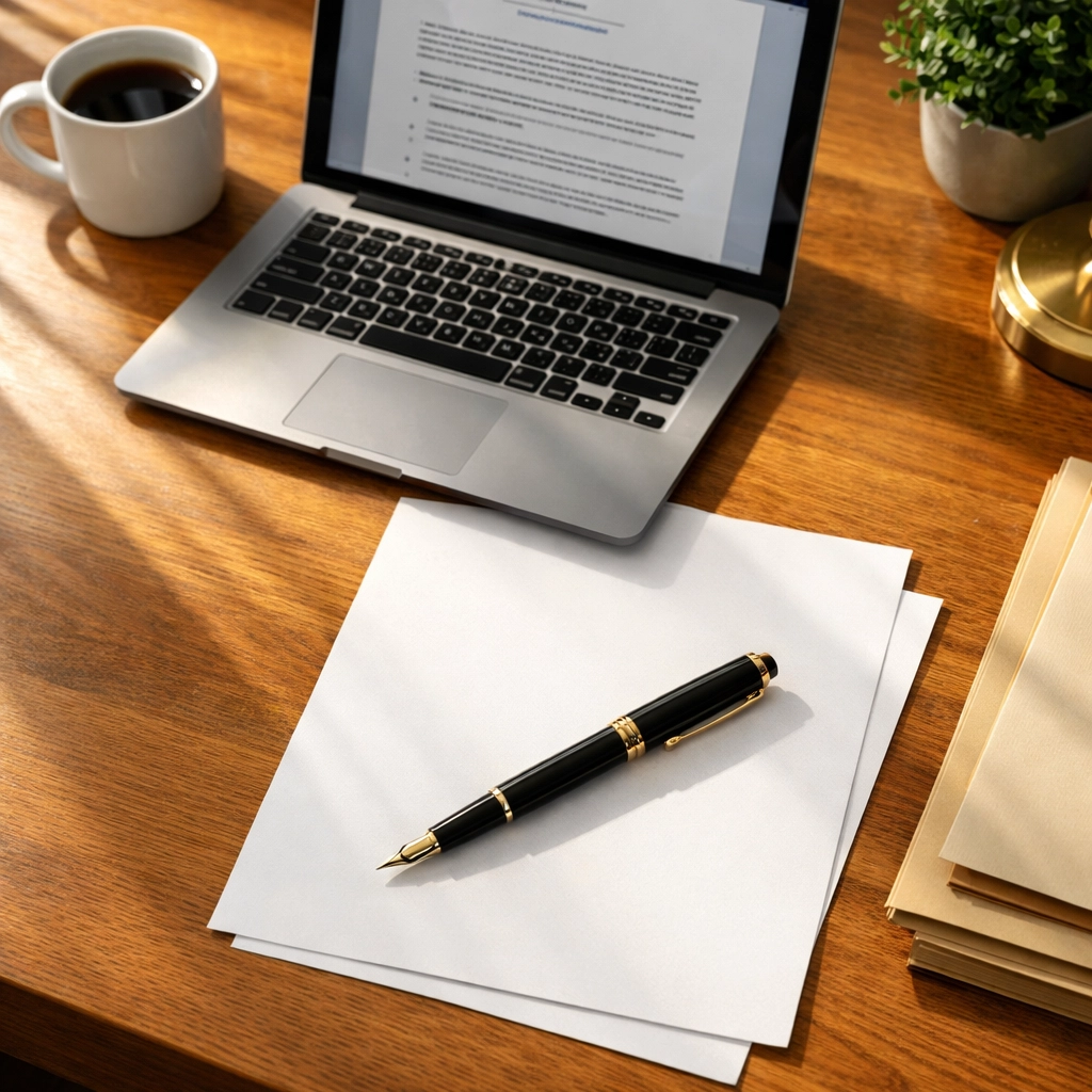 Creating an online will on laptop with traditional paper documents and pen