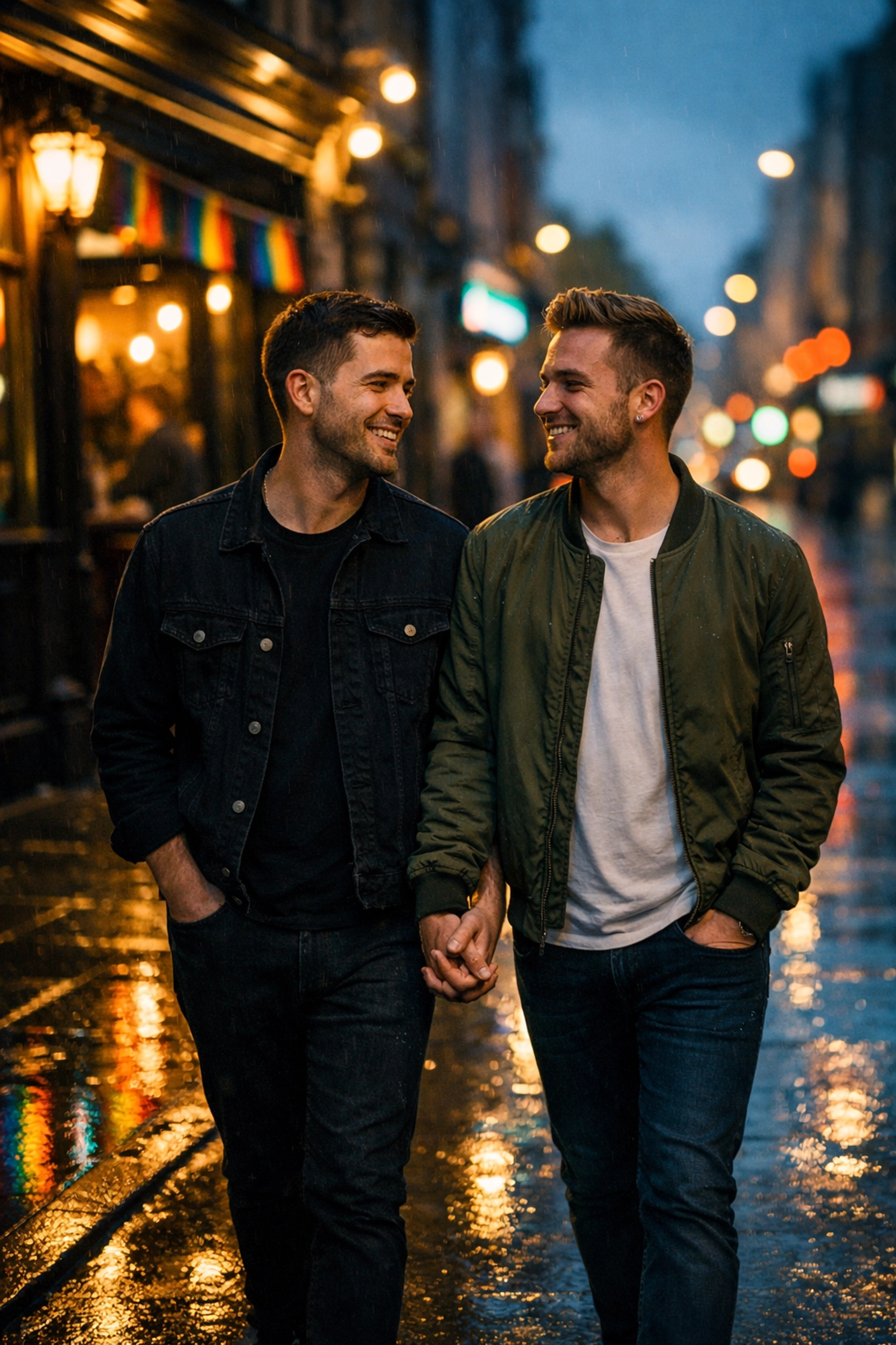 Two gay men walk hand-in-hand past a Cardiff pub, celebrating Wales’ LGBTQ+ community and nightlife evolution.