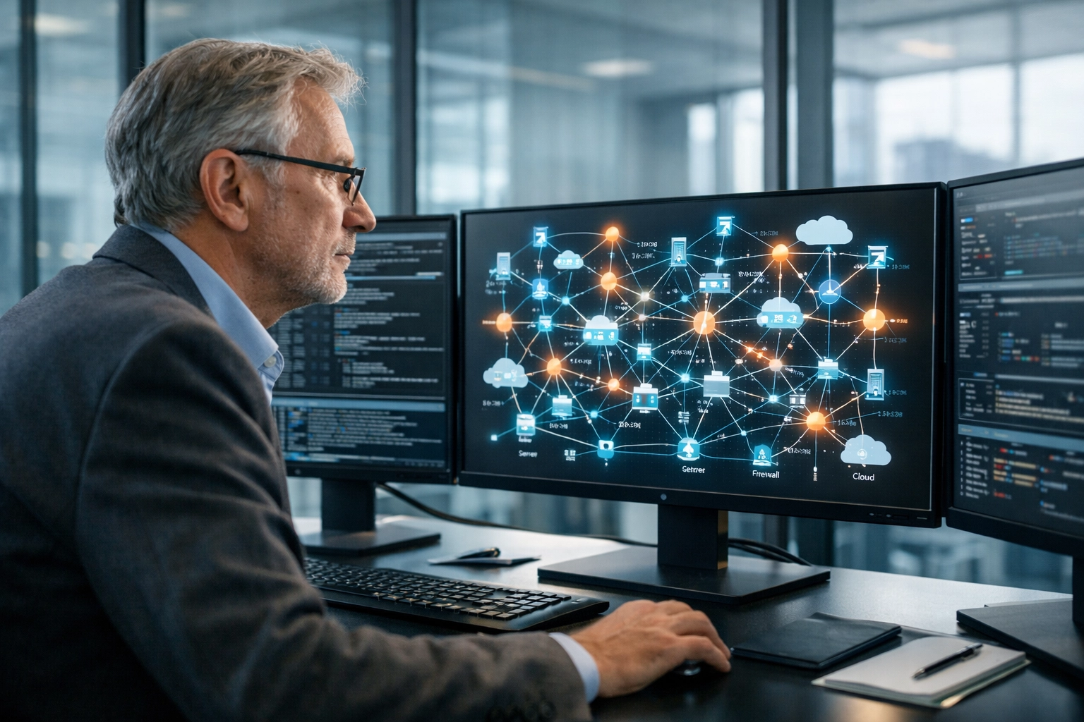 IT architect analyzing a comprehensive ServiceNow Discovery network topology map for complete infrastructure visibility.