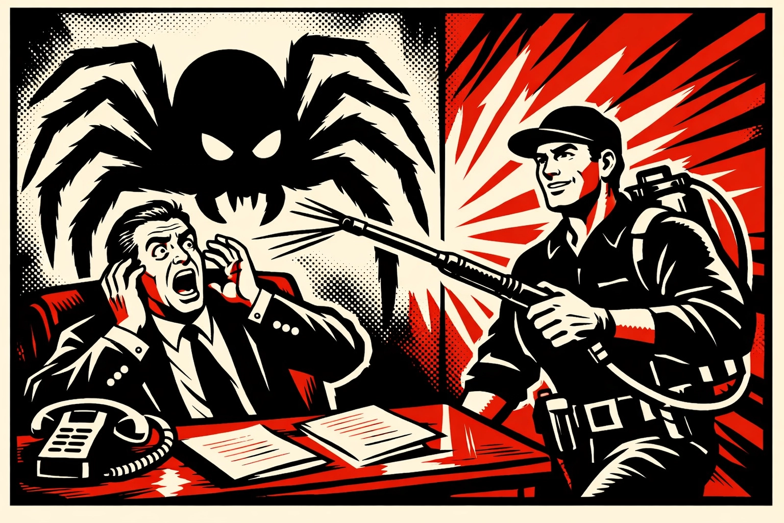 Commercial pest control in Birmingham AL: technician stopping spider threat in an office