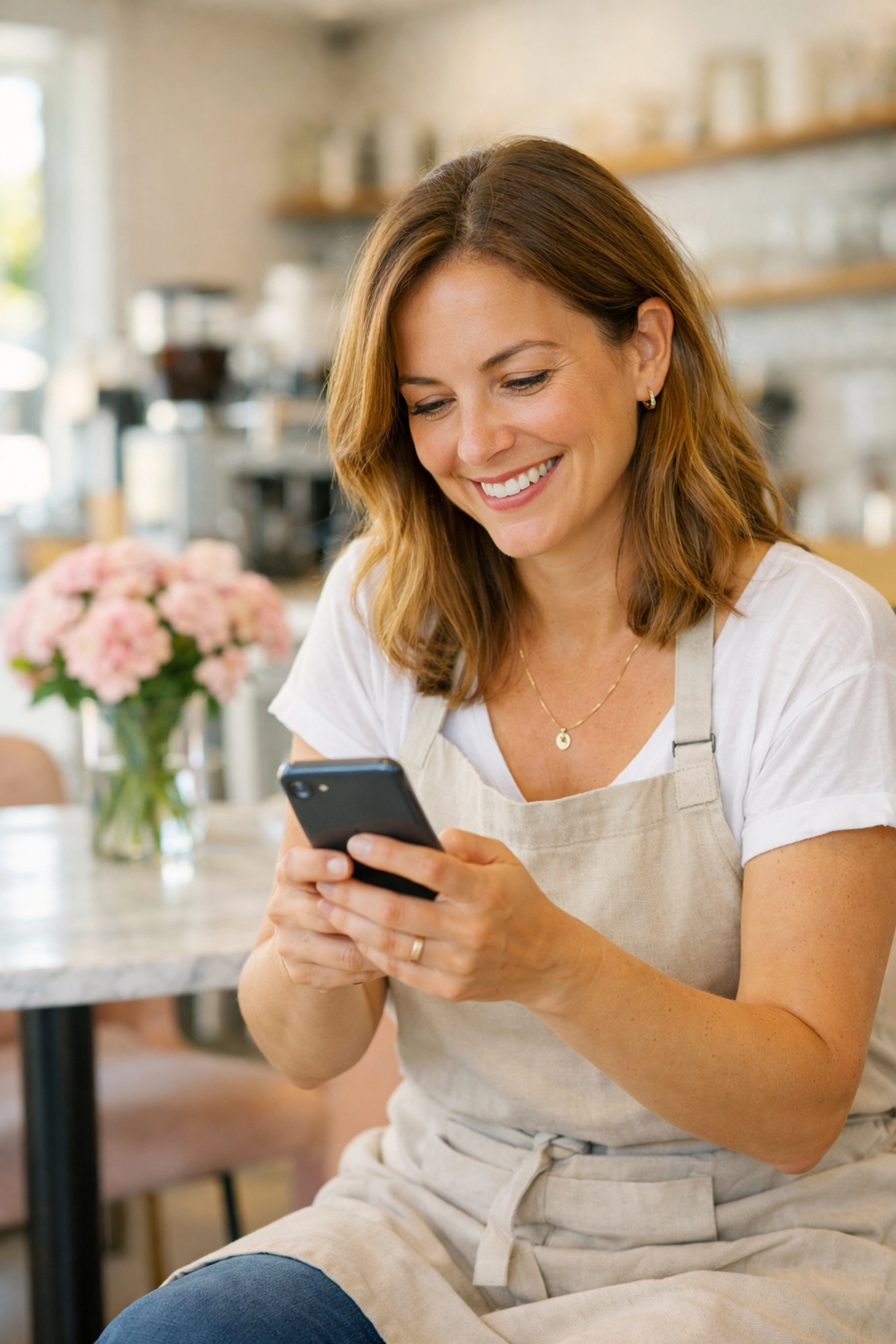 A small business owner engaging with customers on social media from a bright, professional cafe.