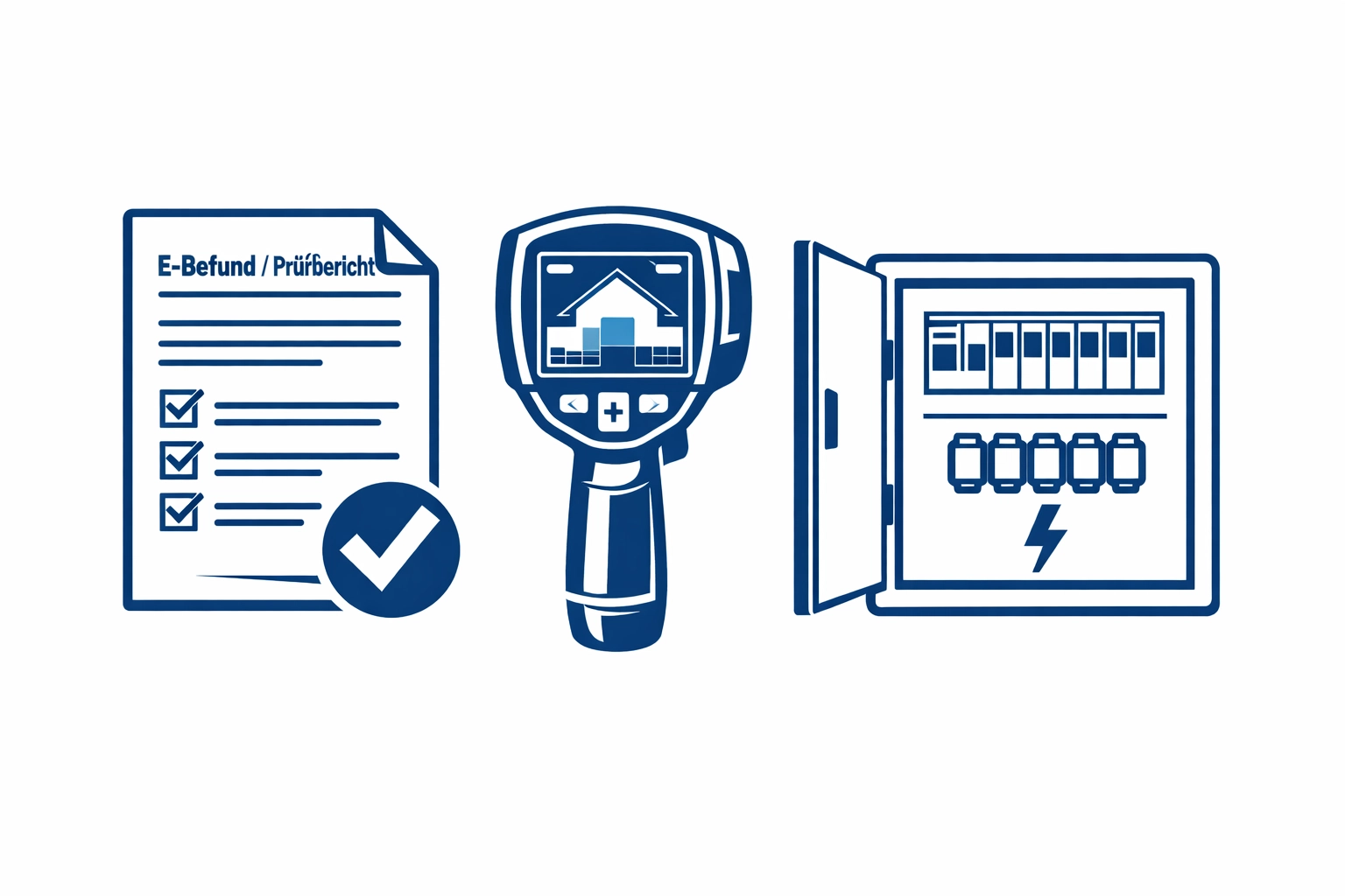 Illustration: E-Befund & Prüfung – Dokument, Checkmark und Mess-/Thermo-Icons (Elektro-Zentrum CI)