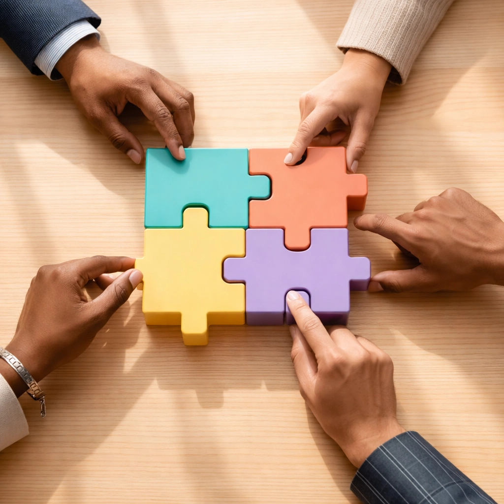 Diverse hands arranging colorful blocks, representing stackable microcredentials and customizable career paths