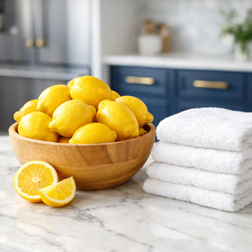 Fresh lemons and folded white cotton towels in a bright, modern kitchen.