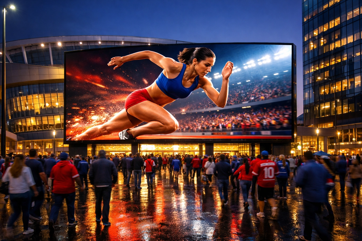 Digital billboard outside a stadium illustrating perimeter DOOH advertising strategy for Super Bowl 2026.