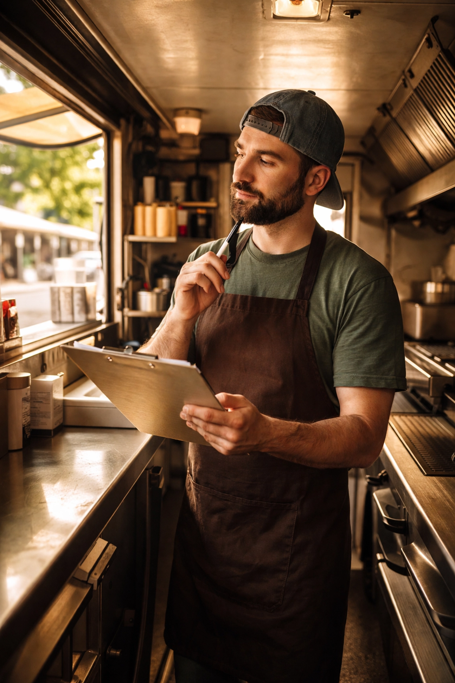 Food truck owner reviewing checklist inside mobile kitchen before consulting decision