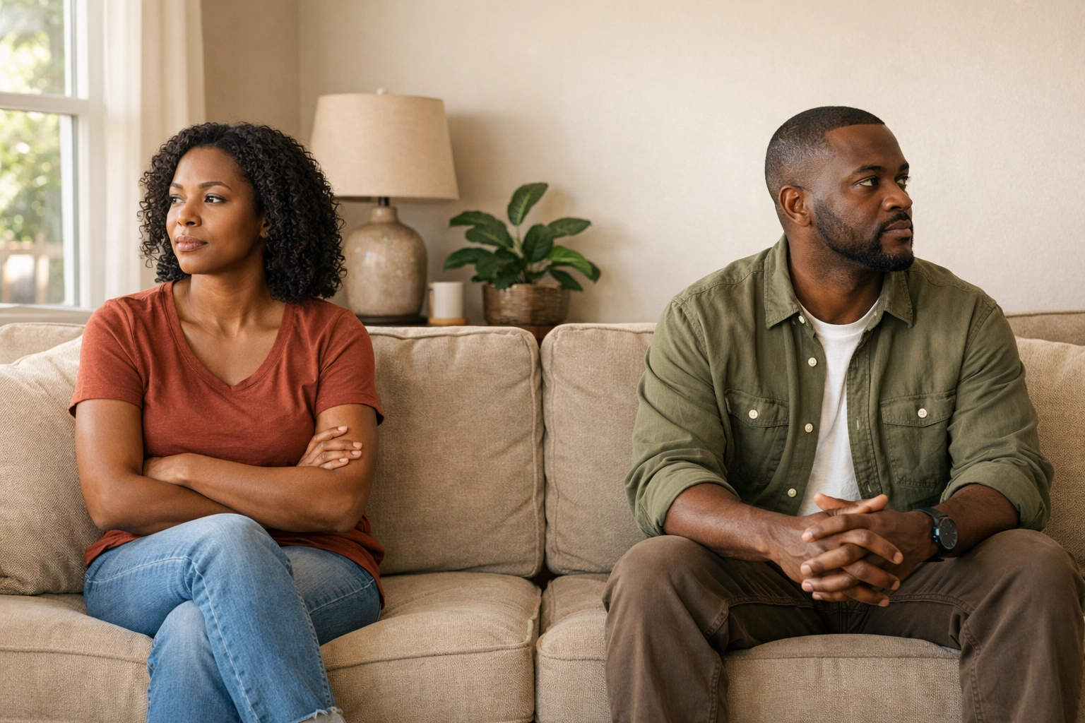 BIPOC parents discussing co-parenting challenges while sitting together at home