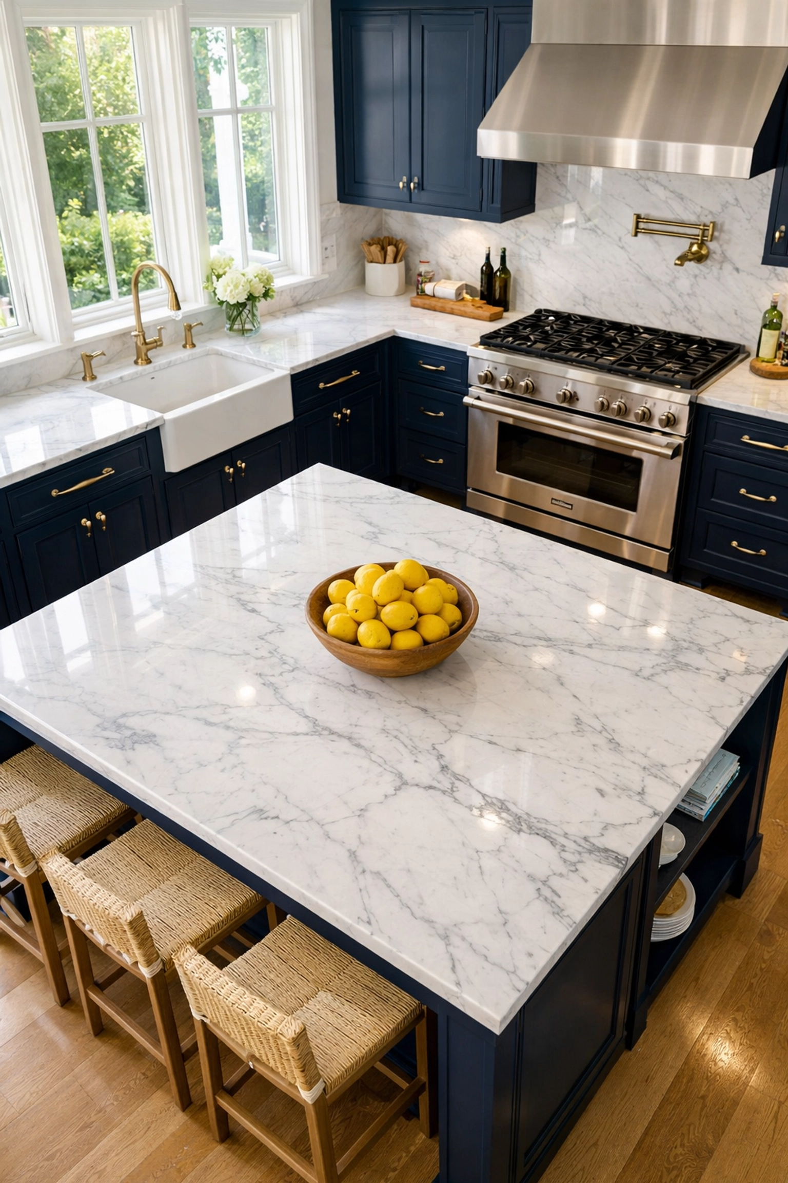 Sun-drenched luxury kitchen in Dover after a professional residential cleaning Massachusetts session.