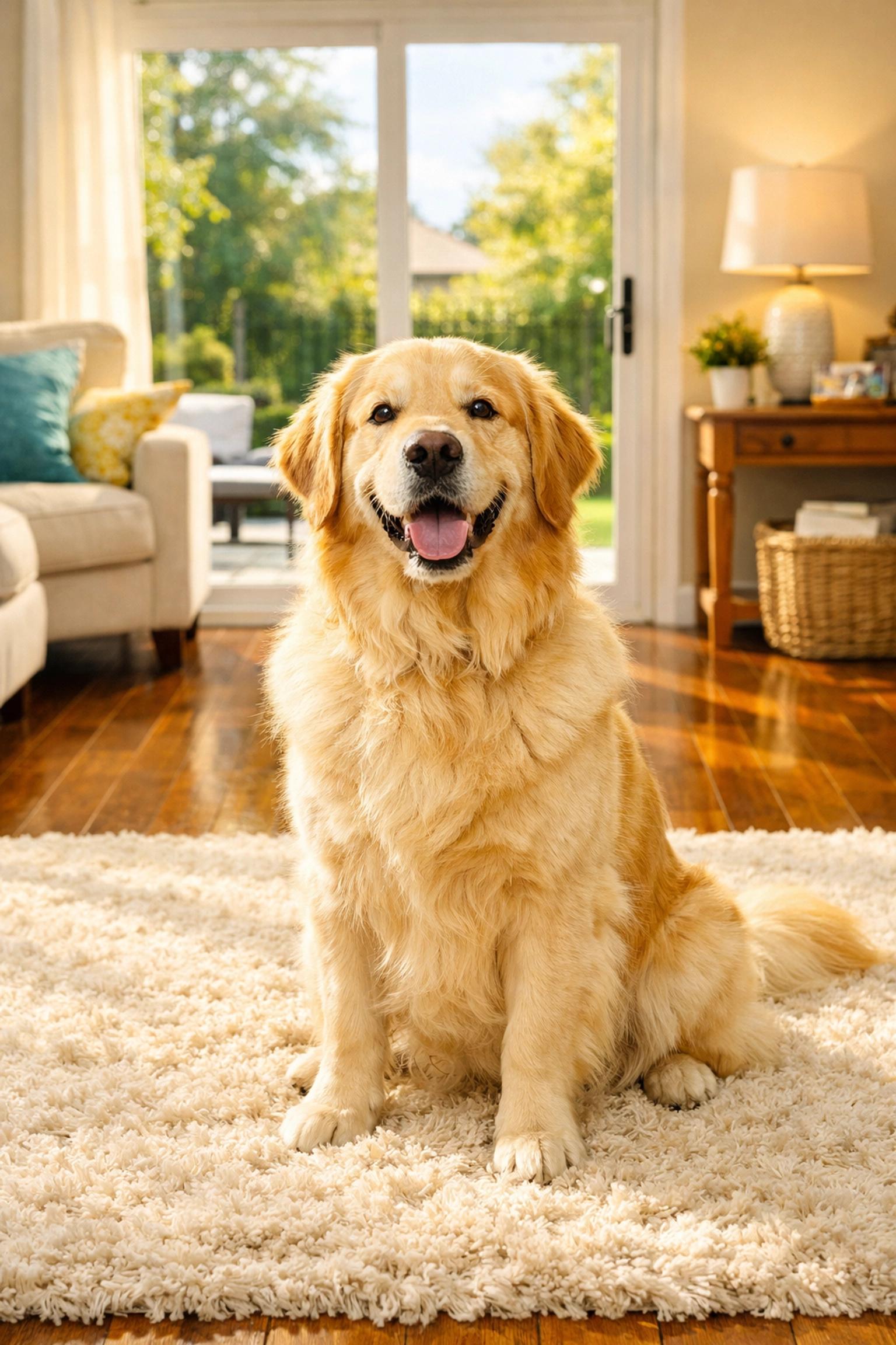 Clean suburban home with a golden retriever, showing effective dander control from regular cleaning.